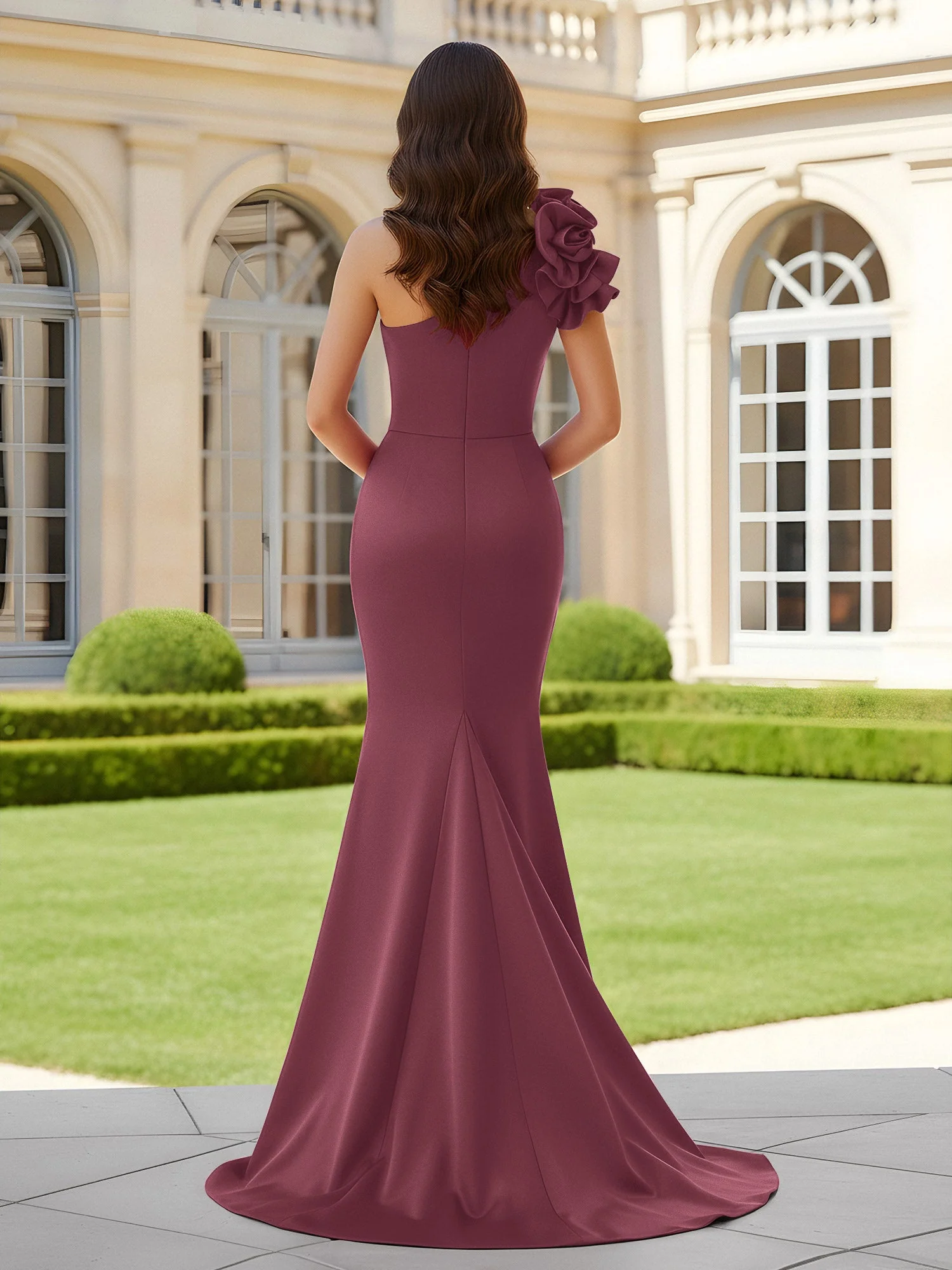 Blumiges One-Shoulder Meerjungfrau mit Plisseefalten und Schlitz Maulbeere - Image 2