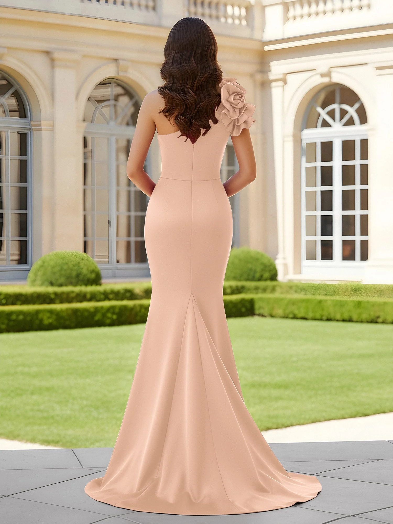 Blumiges One-Shoulder Meerjungfrau mit Plisseefalten und Schlitz Pfirsich - Image 2