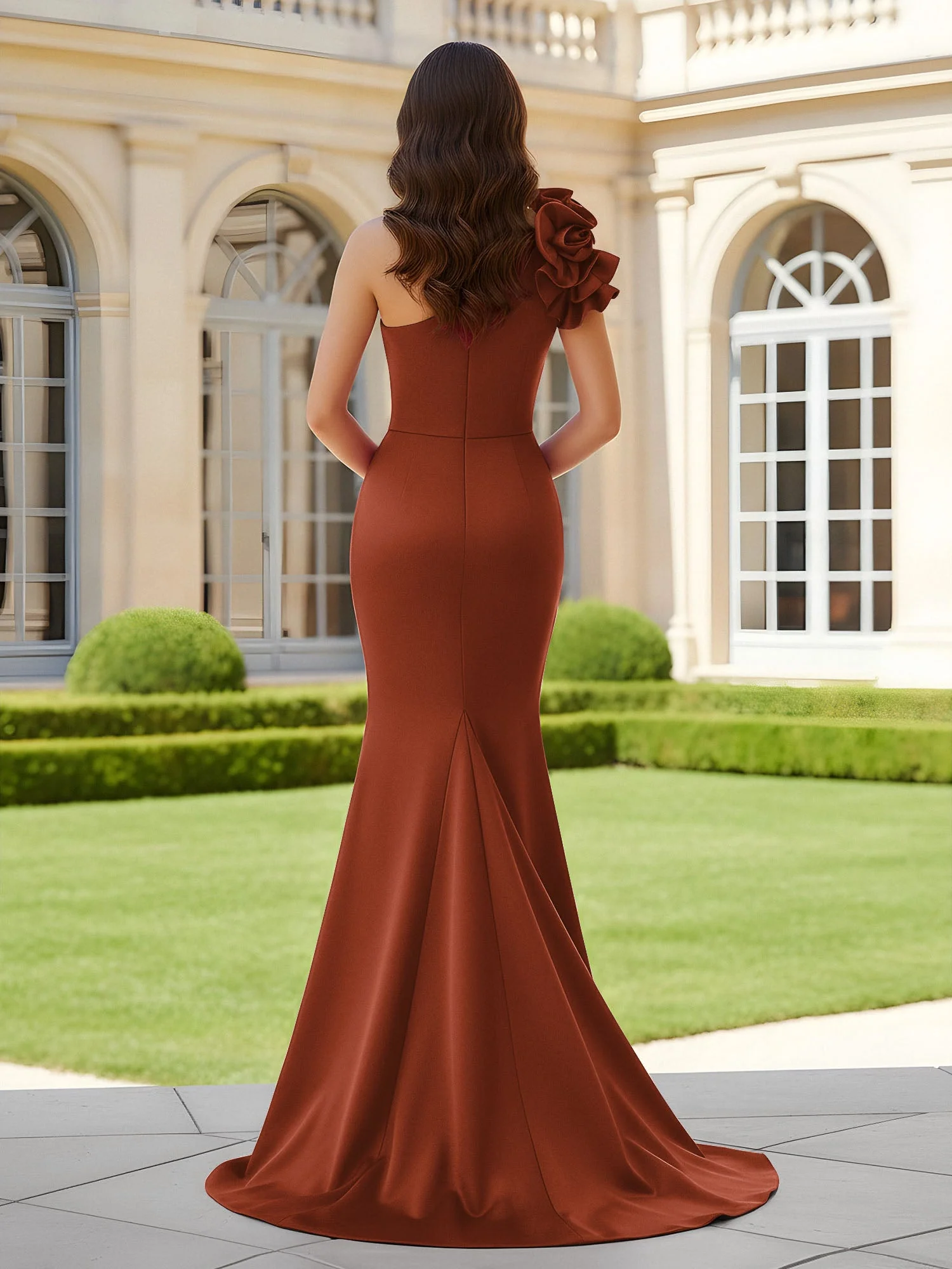 Blumiges One-Shoulder Meerjungfrau mit Plisseefalten und Schlitz Rost - Image 2