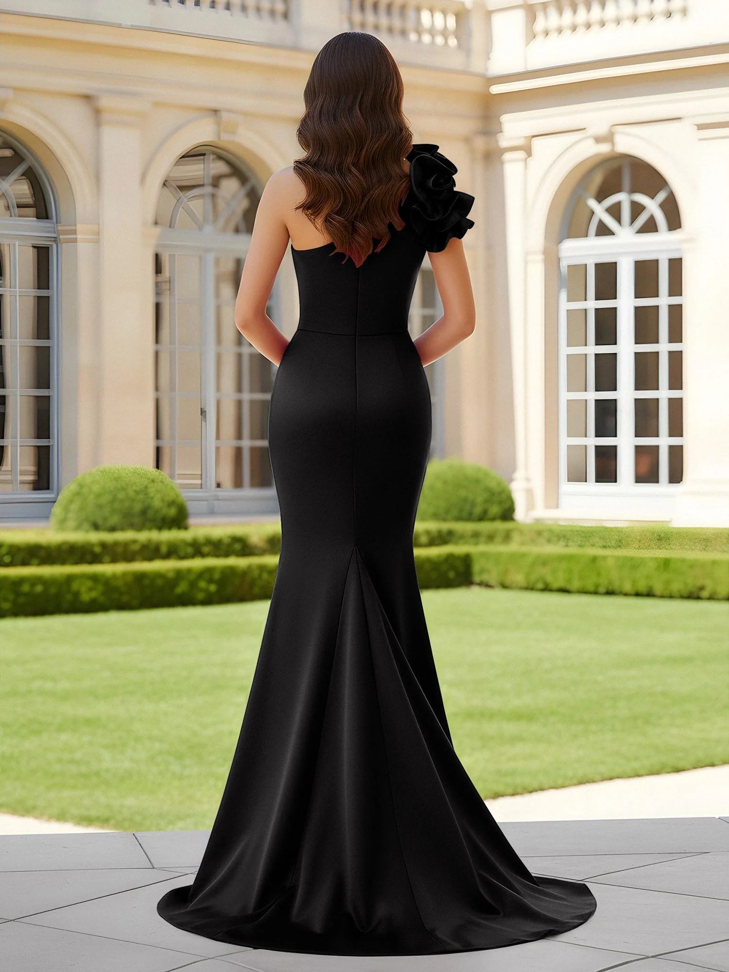 Blumiges One-Shoulder Meerjungfrau mit Plisseefalten und Schlitz Schwarz - Image 2