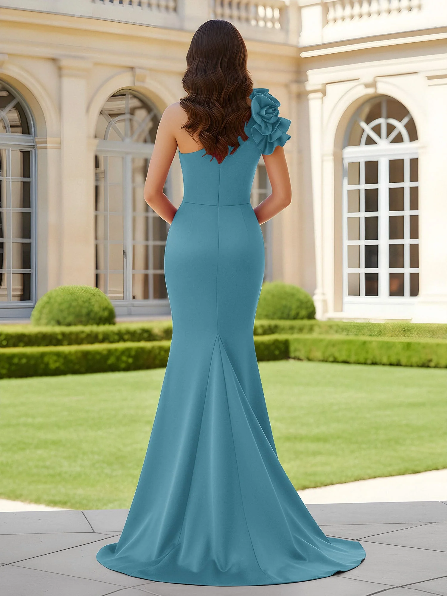 Blumiges One-Shoulder Meerjungfrau mit Plisseefalten und Schlitz Schwimmbadblau - Image 2