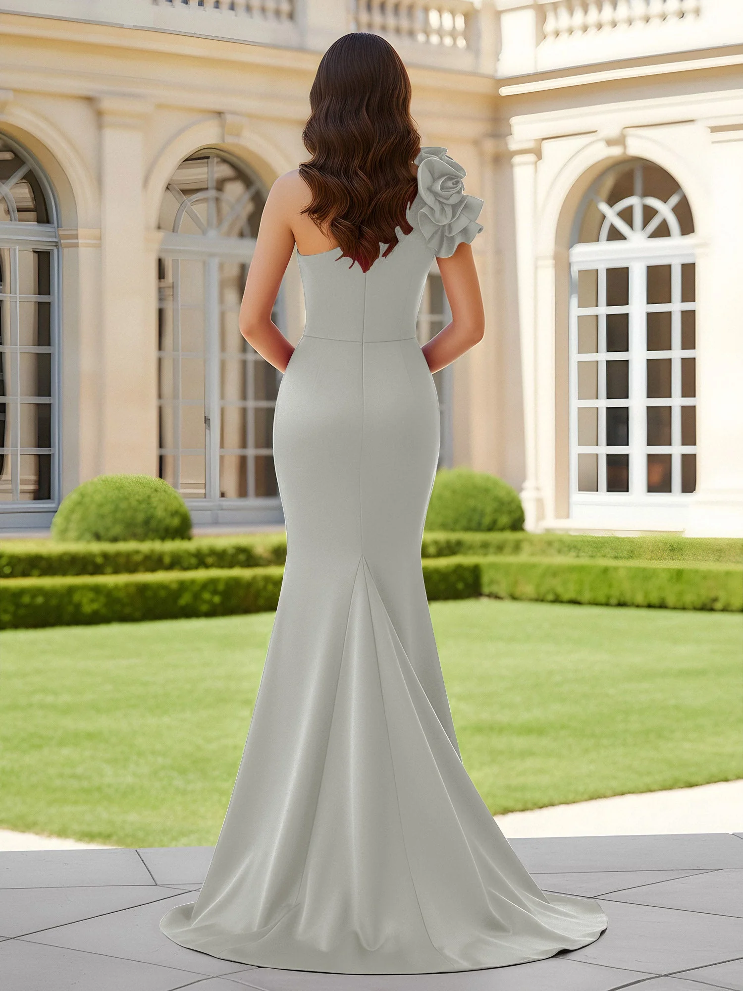 Blumiges One-Shoulder Meerjungfrau mit Plisseefalten und Schlitz Silber - Image 2