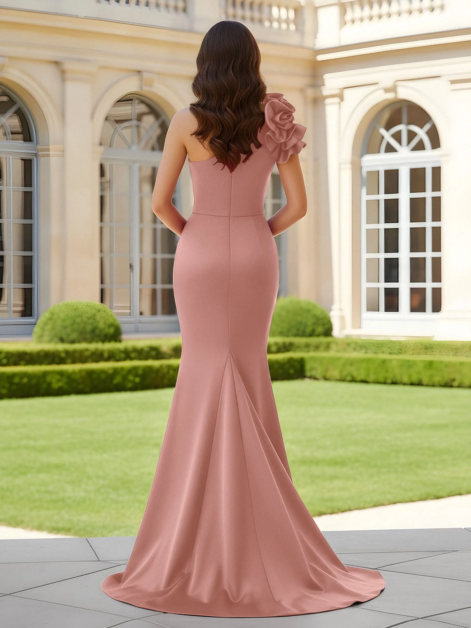 Blumiges One-Shoulder Meerjungfrau mit Plisseefalten und Schlitz Staubige Rosa - Image 2