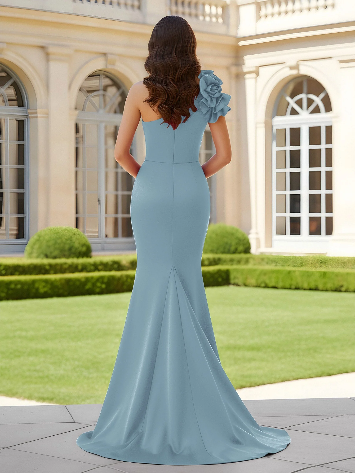 Blumiges One-Shoulder Meerjungfrau mit Plisseefalten und Schlitz Staubiges Blau - Image 2