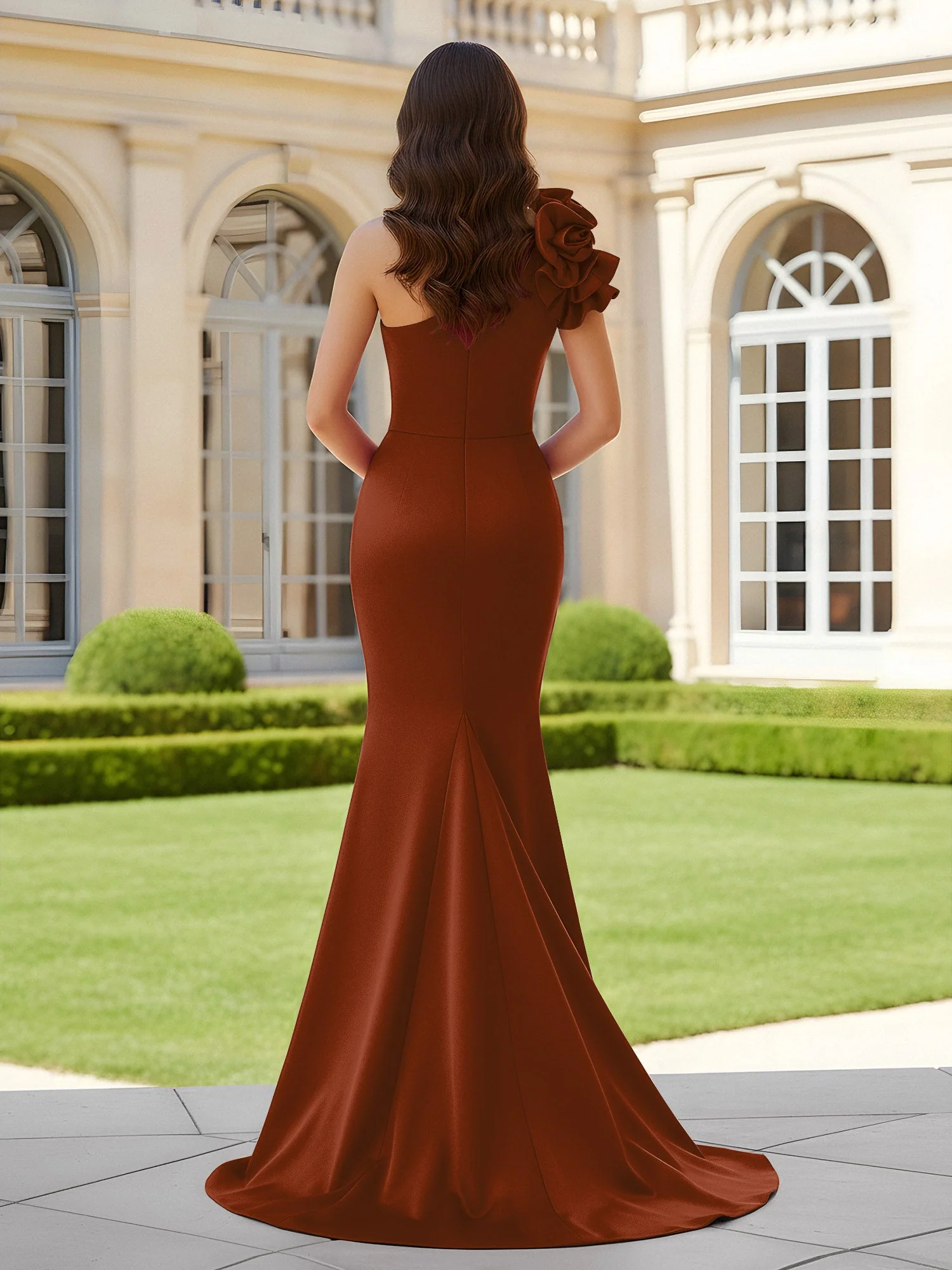 Blumiges One-Shoulder Meerjungfrau mit Plisseefalten und Schlitz Terrakotta - Image 2