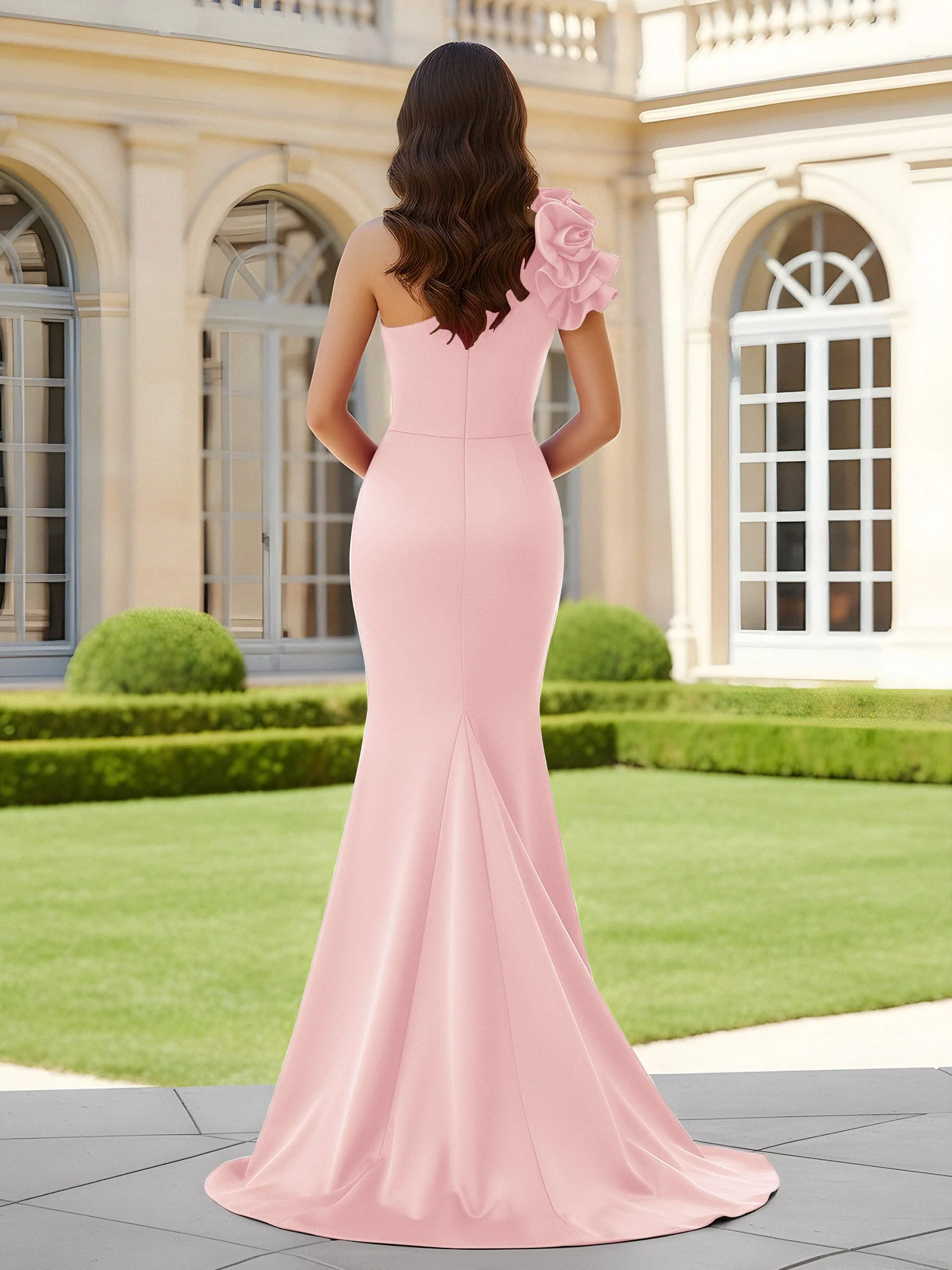 Blumiges One-Shoulder Meerjungfrau mit Plisseefalten und Schlitz Zartrosa - Image 2
