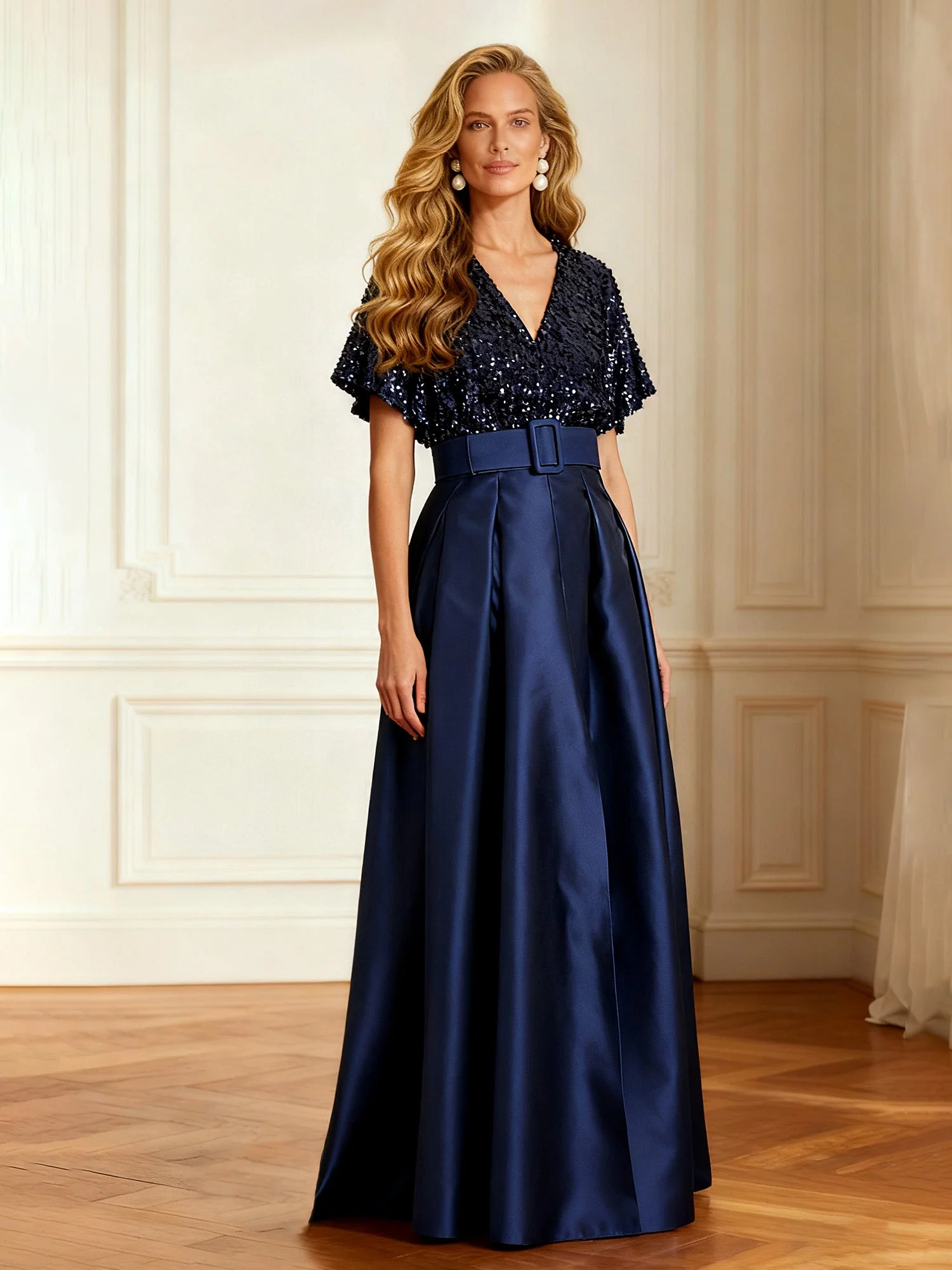 A-Linie Spitze Pailletten V-Ausschnitt Satin Lang Kleid Dunkelmarine