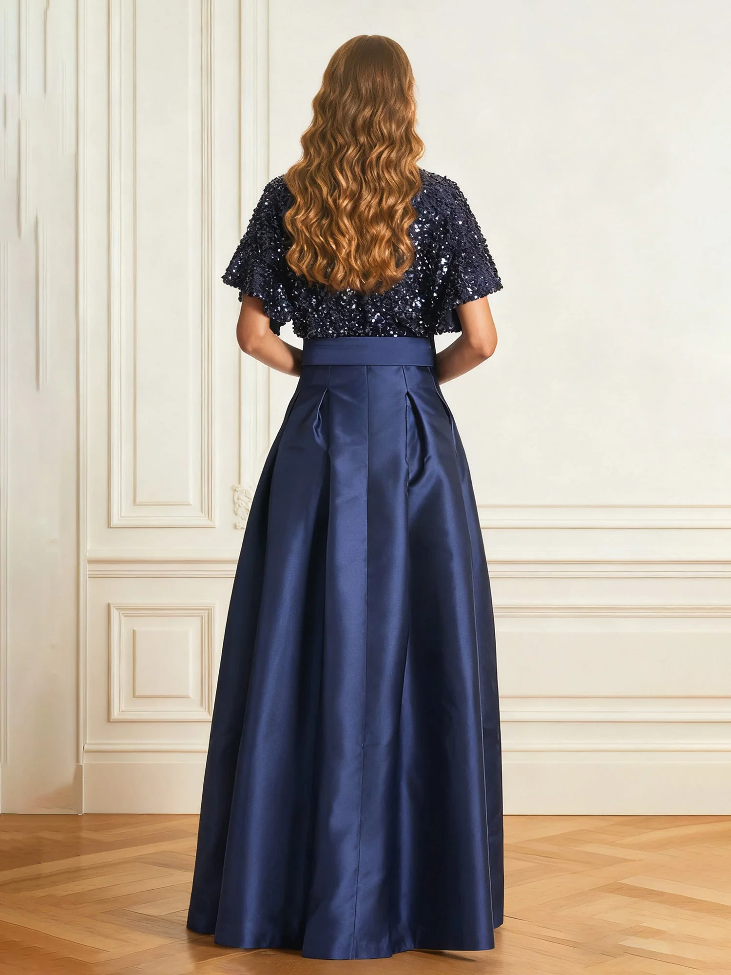 A-Linie Spitze Pailletten V-Ausschnitt Satin Lang Kleid Dunkelmarine - Image 2