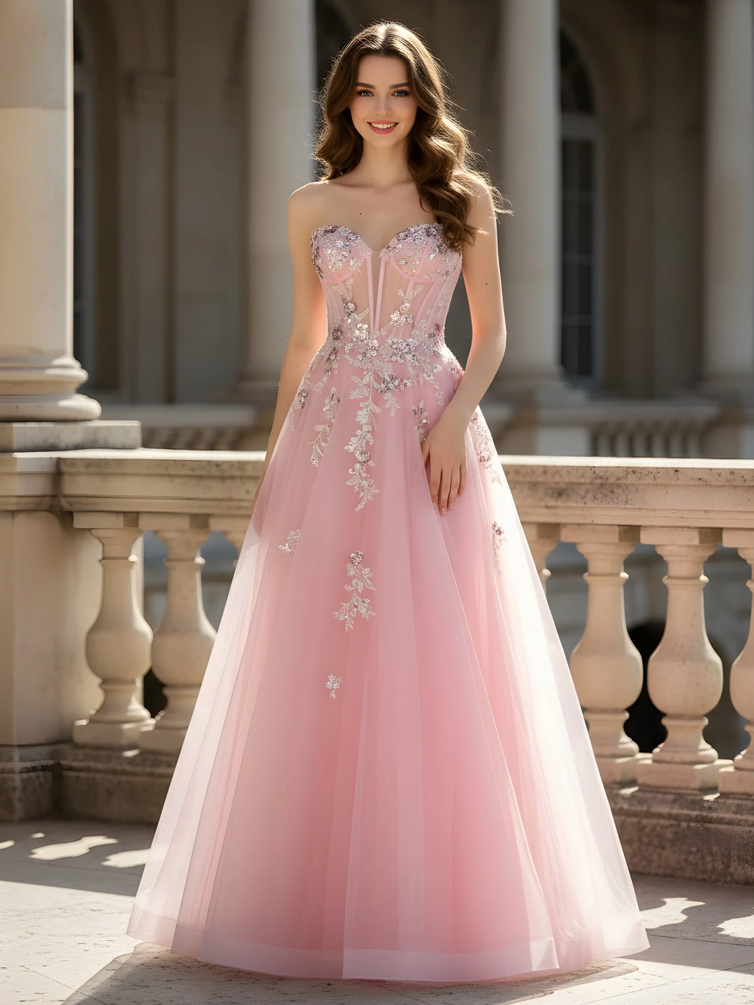 Herzform Korsett A-Linie Applique Tüll Kleid Zartrosa