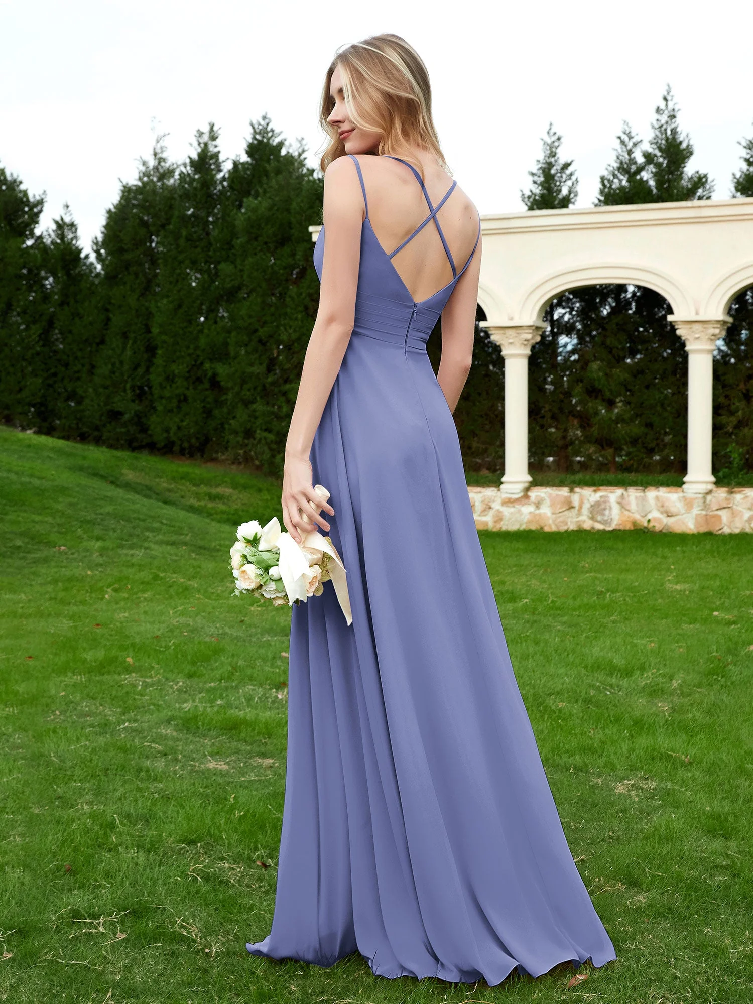 Bodenlang V-Ausschnitt Chiffon Brautjungfernkleid Periwinkleblau - Image 3