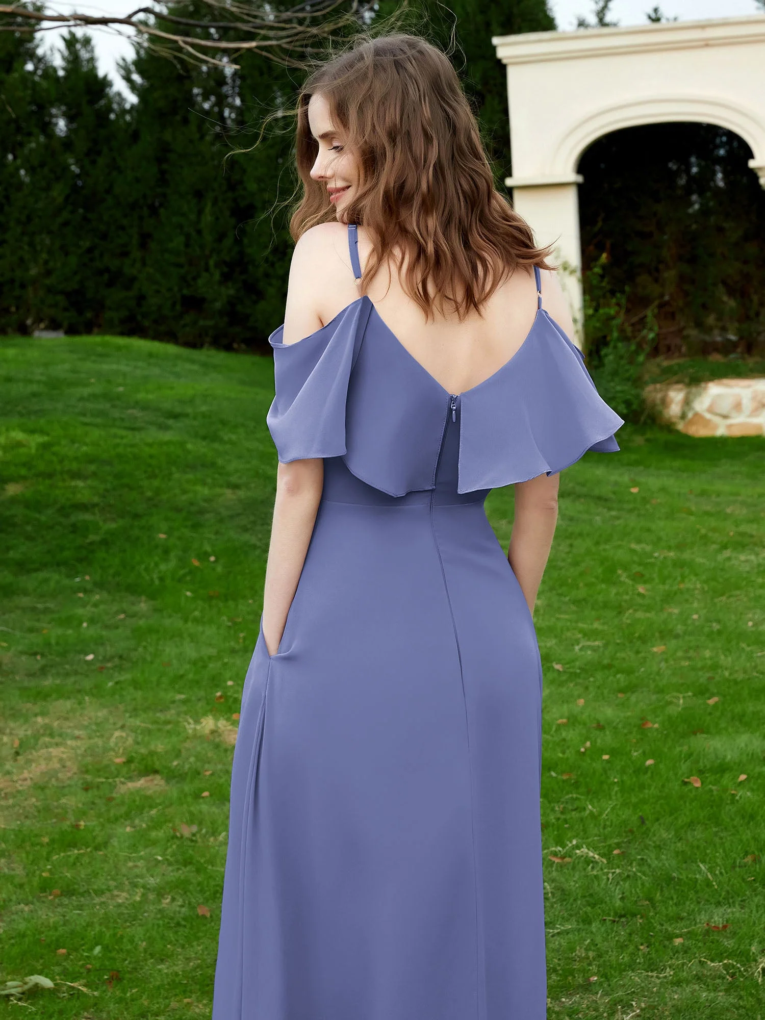 Bodenlang V-Ausschnitt Rüschen Chiffon A-Linie Kleid Periwinkleblau - Image 2