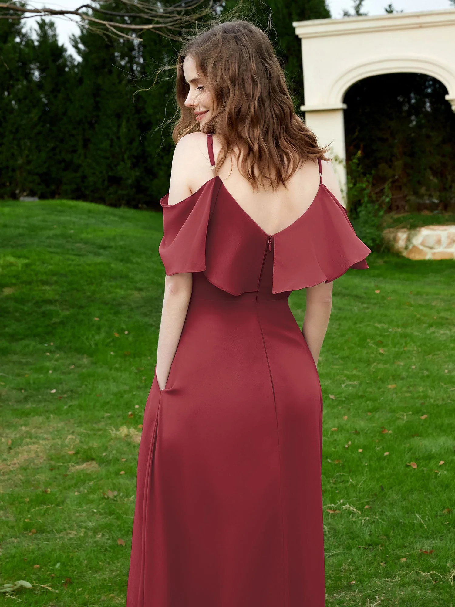 Bodenlang V-Ausschnitt Rüschen Chiffon A-Linie Kleid Zimtrose - Image 2
