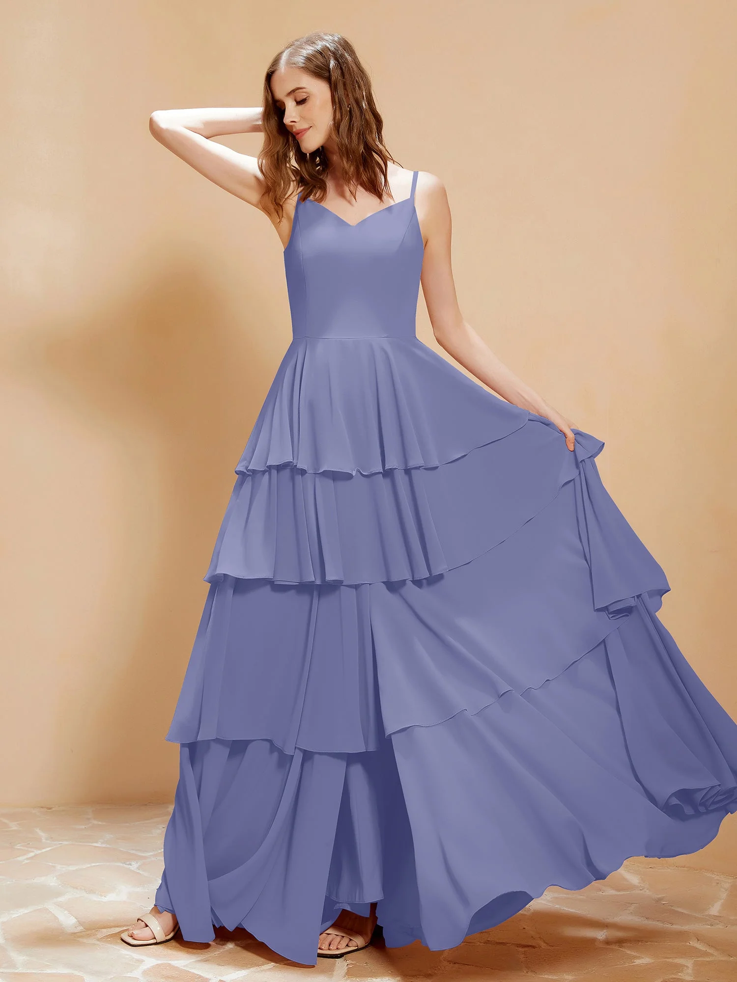 Boho V-Ausschnitt Bodenlang Kleid Fließende Rüschen Periwinkleblau