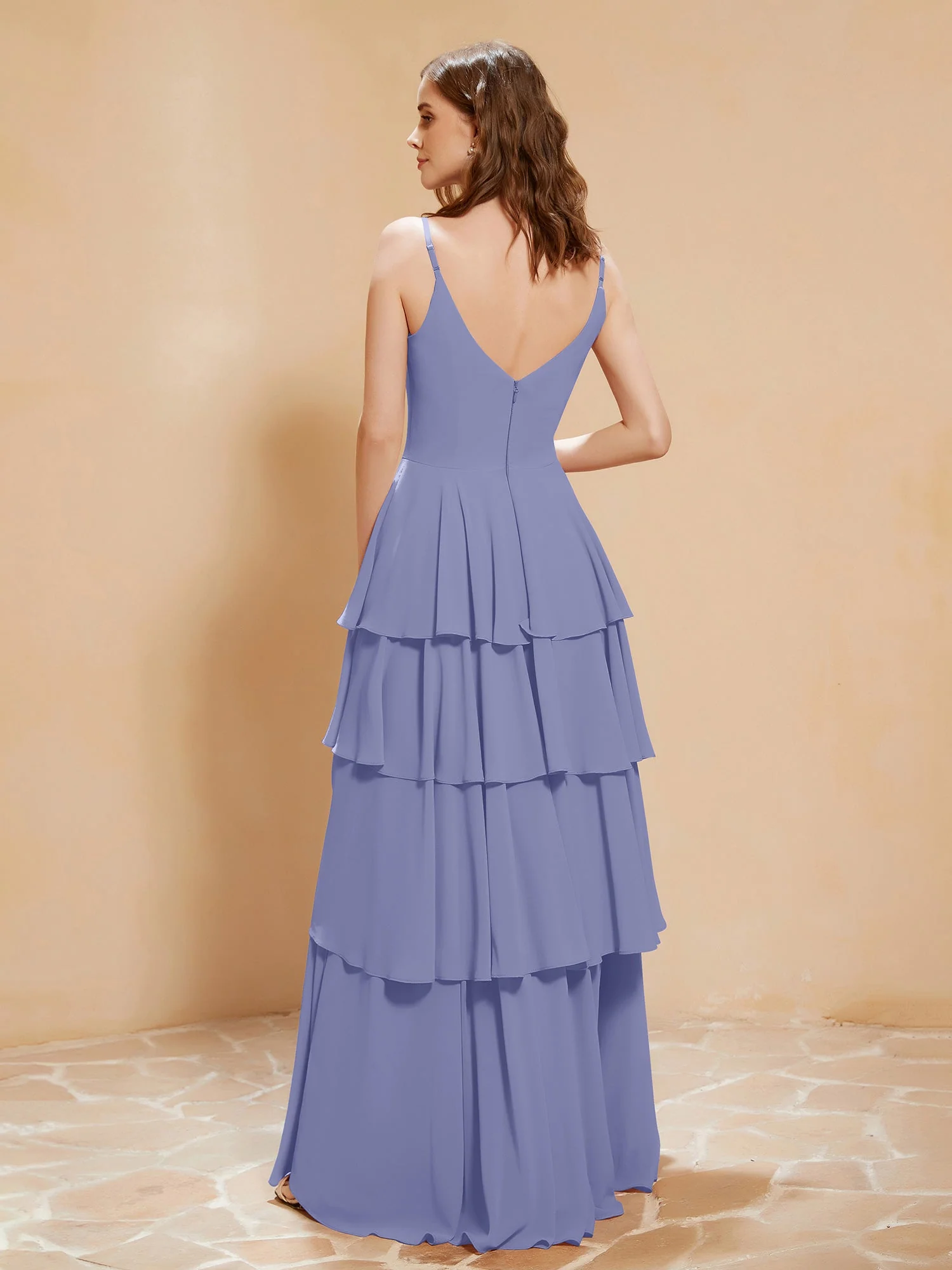 Boho V-Ausschnitt Bodenlang Kleid Fließende Rüschen Periwinkleblau - Image 2