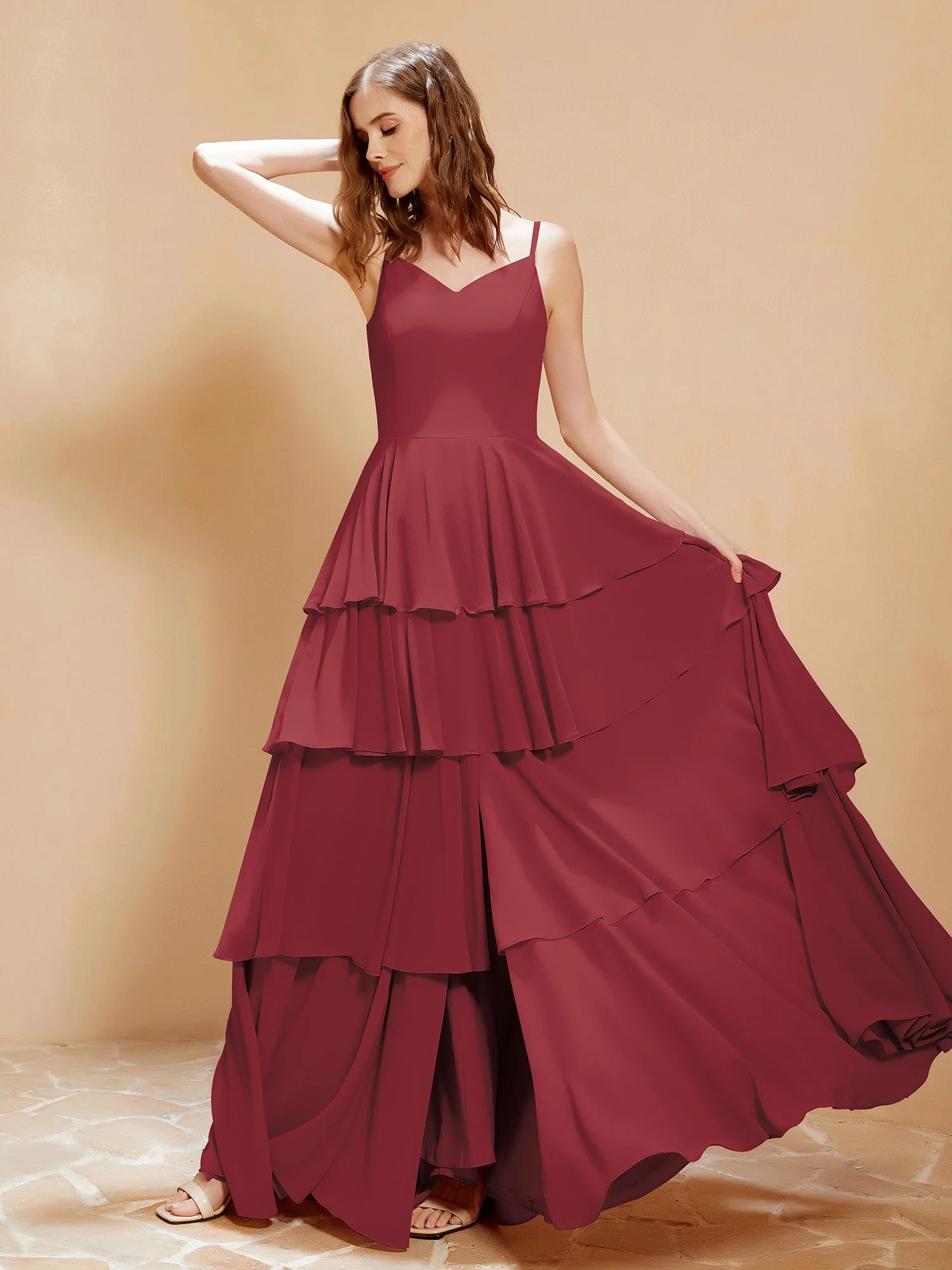 Boho V-Ausschnitt Bodenlang Kleid Fließende Rüschen Zimtrose