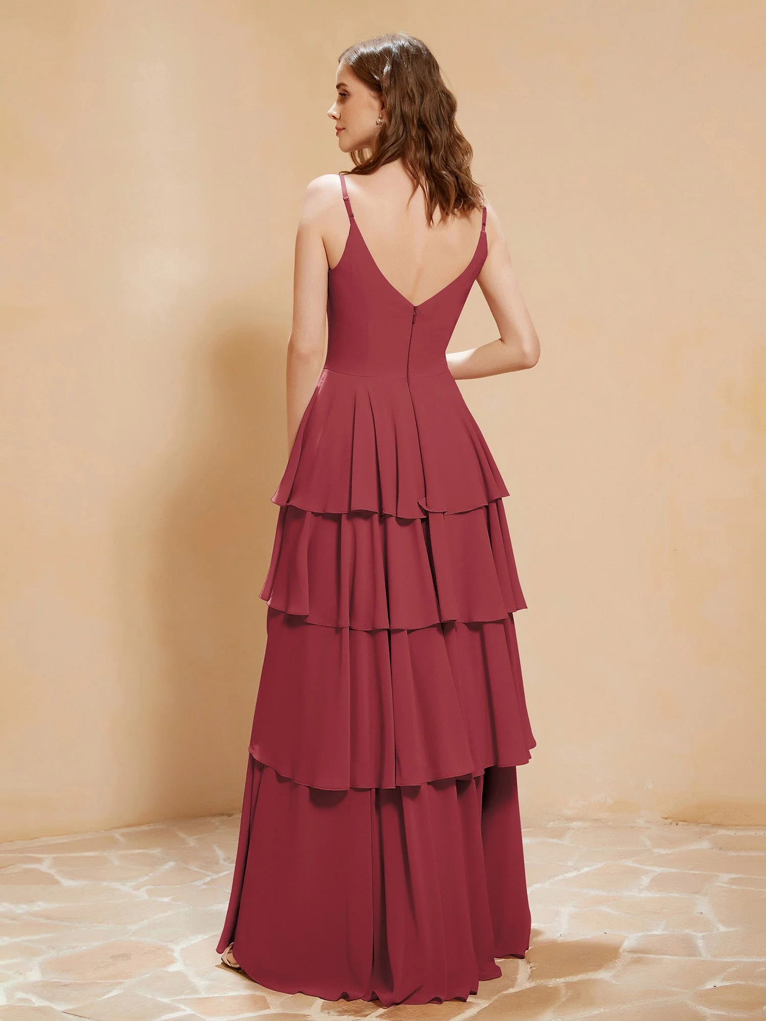 Boho V-Ausschnitt Bodenlang Kleid Fließende Rüschen Zimtrose - Image 2