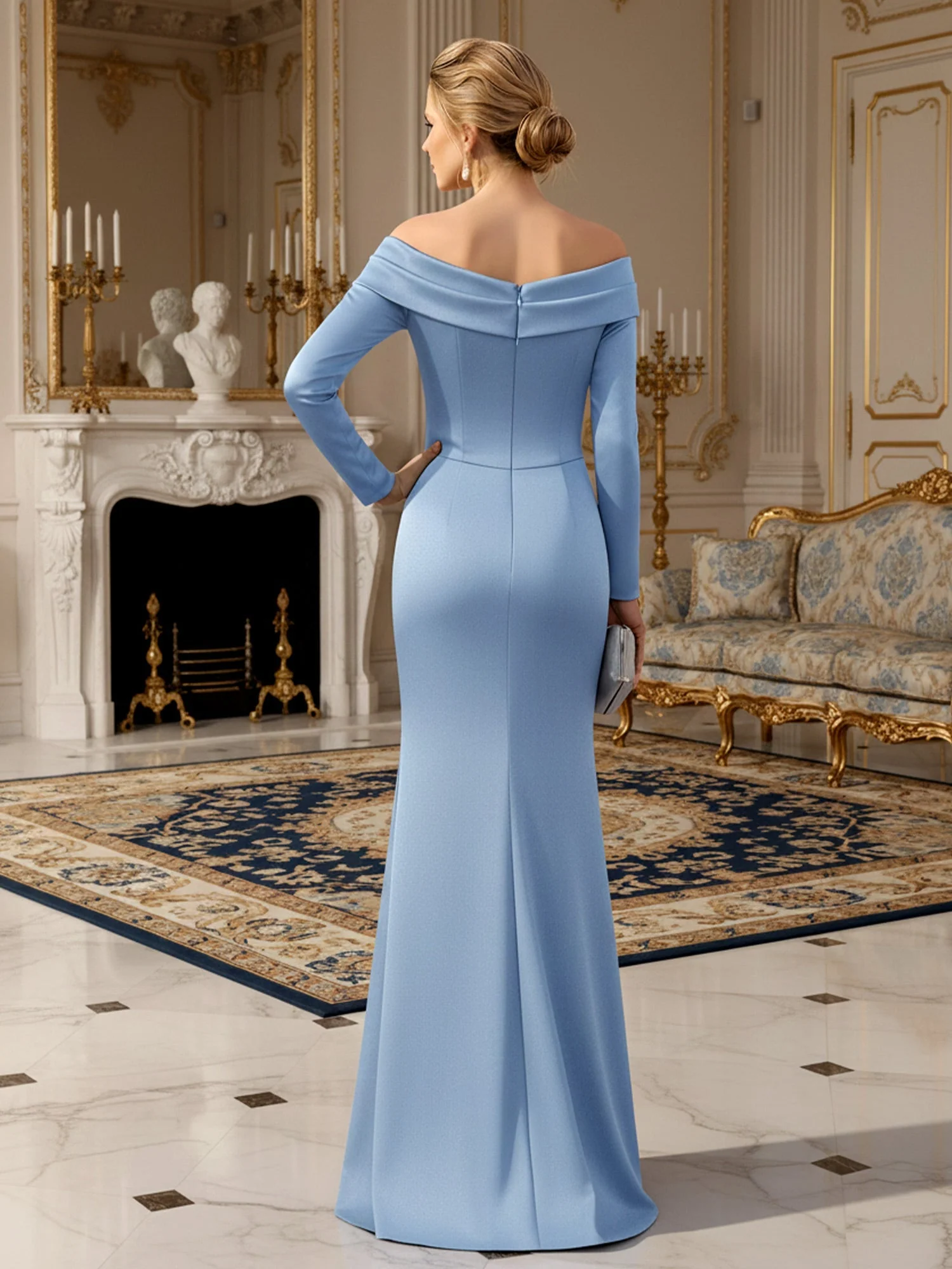Schulterfrei Langarm Plissee Bodycon Kleid Staubiges Blau - Image 2