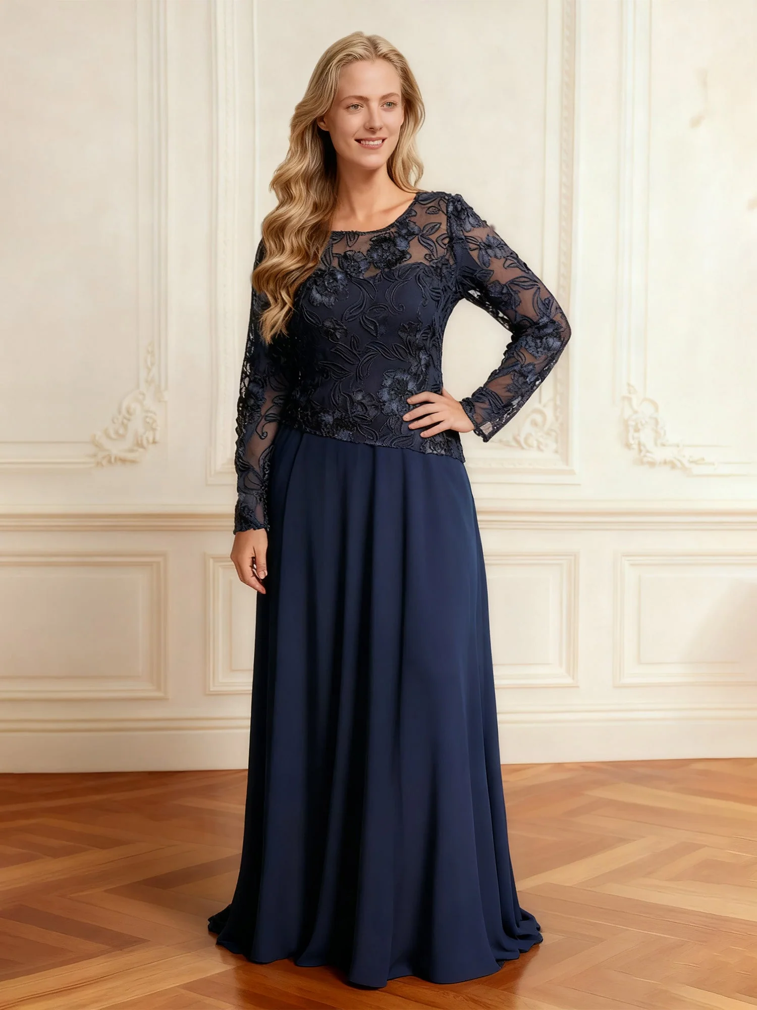 Spitze Illusion Ausschnitt Langarm Bodenlang Kleid Dunkelmarine