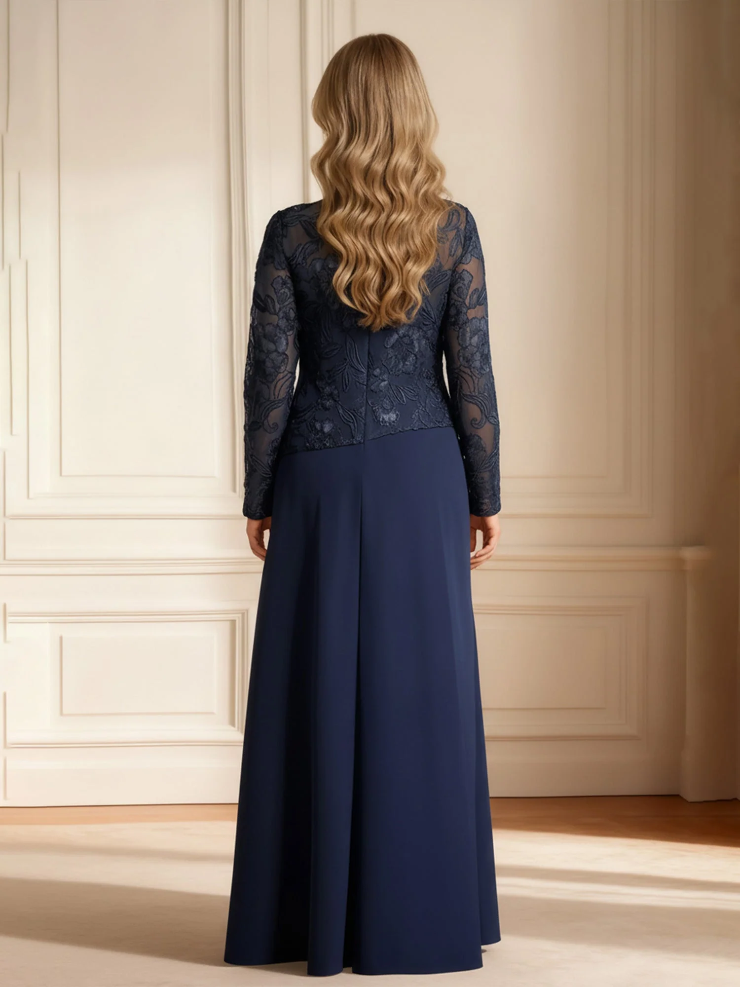 Spitze Illusion Ausschnitt Langarm Bodenlang Kleid Dunkelmarine - Image 2