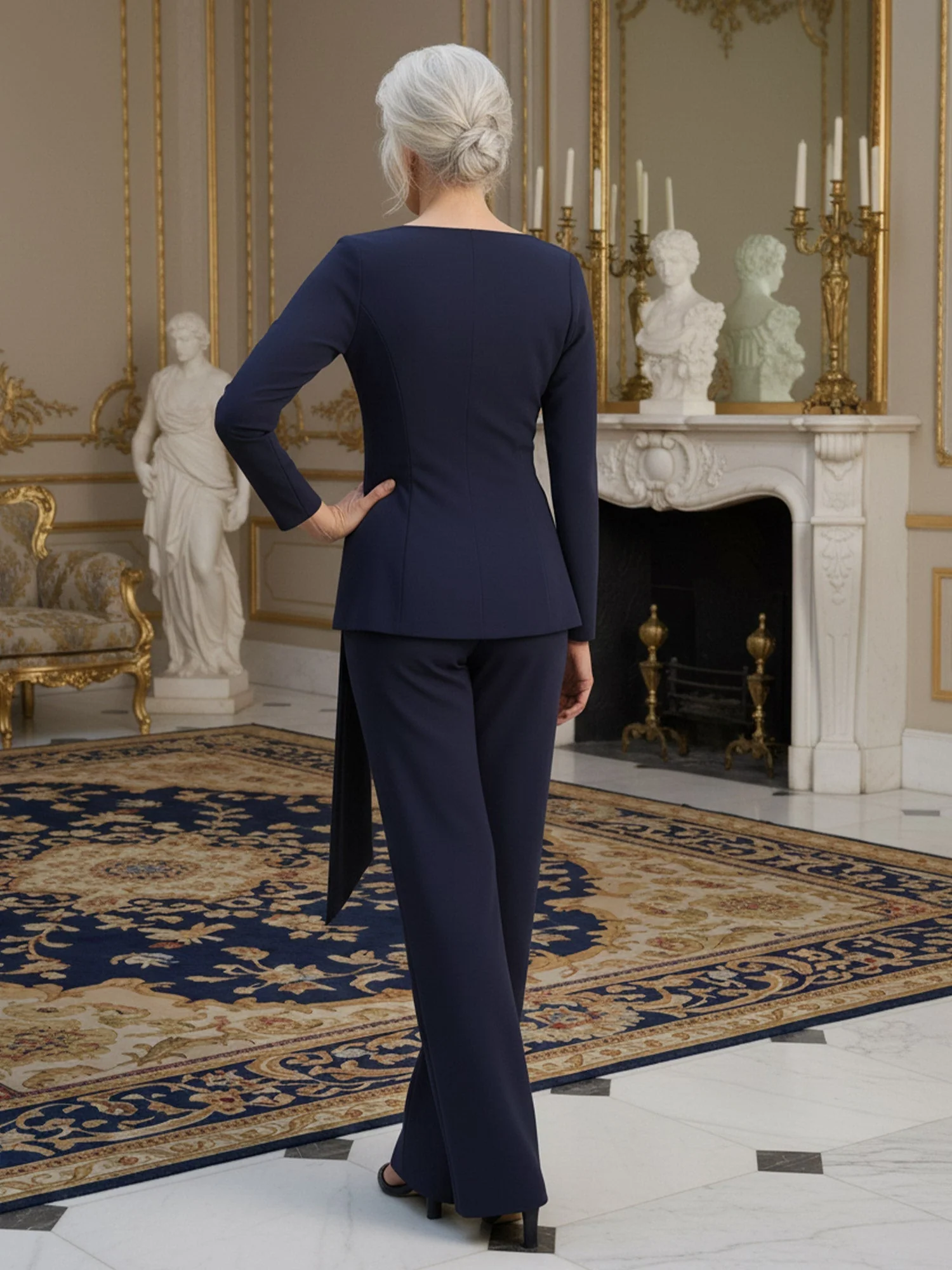 Plissee V-Ausschnitt Langarm Hose Anzug mit Schleife Tinte Blau - Image 2