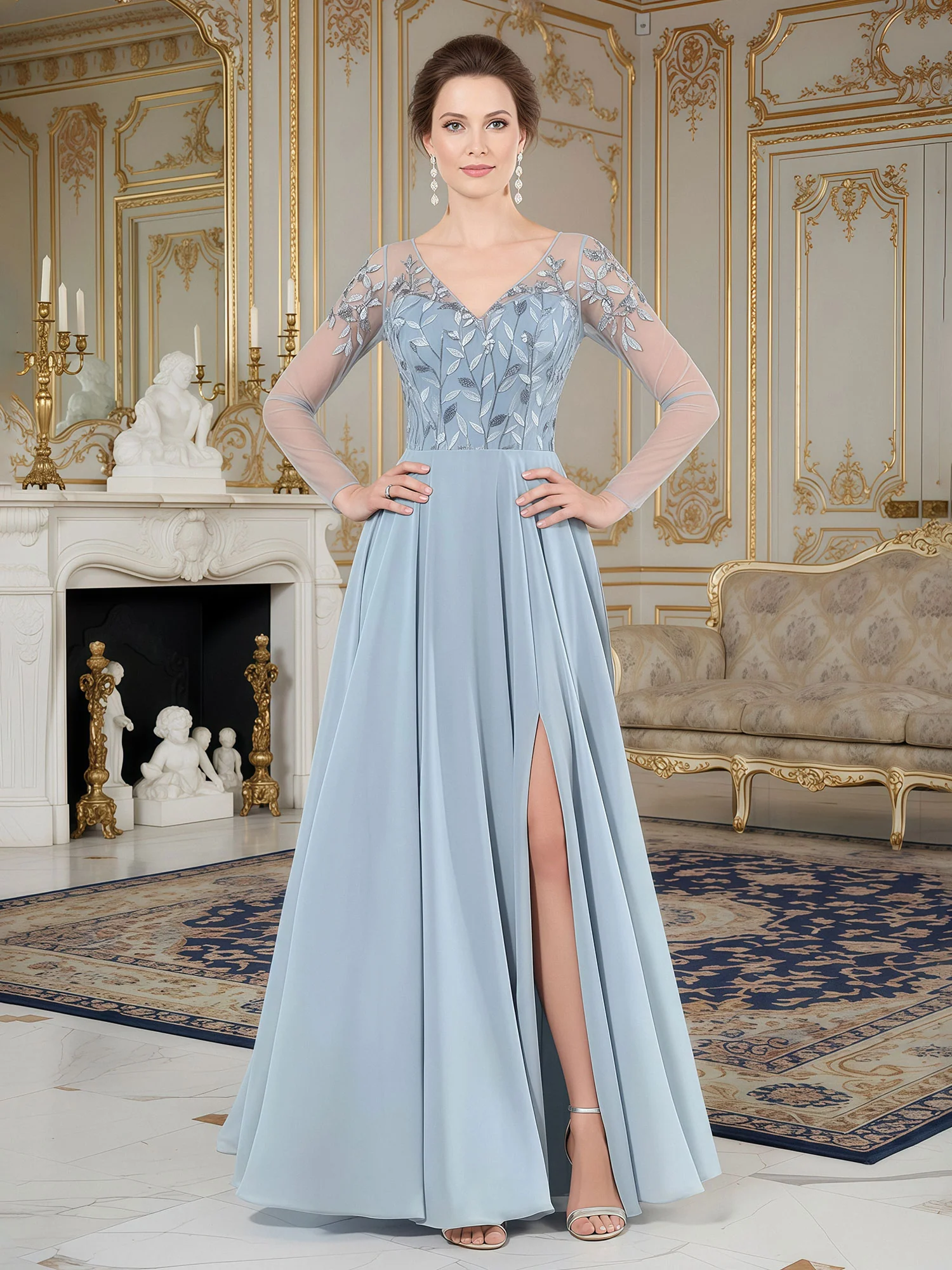 V-Ausschnitt A-Linie Appliqued Chiffon Lang Kleid Himmelblau