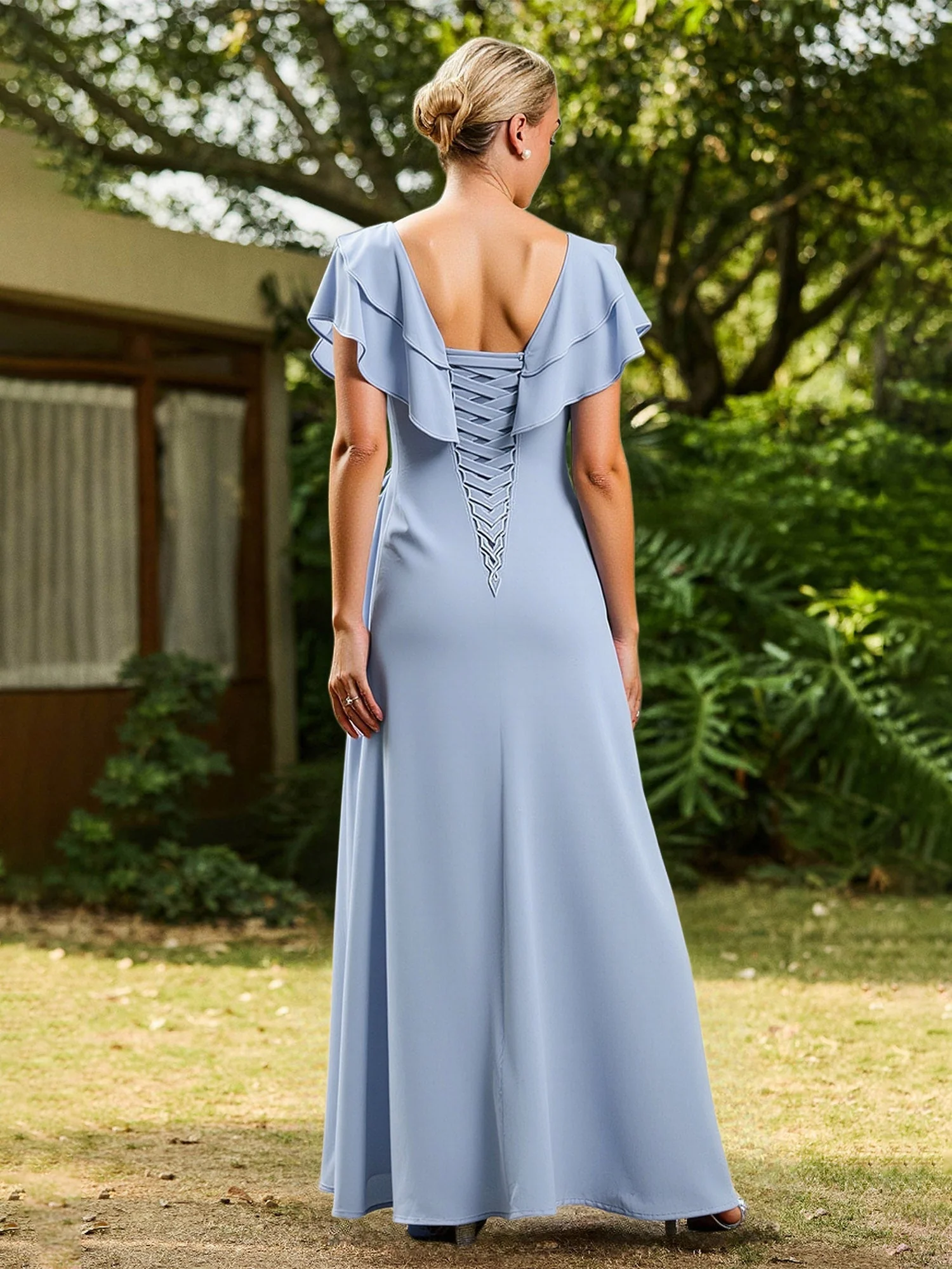 A-Linie Flatterärmel Rüschen Chiffon Lang Kleid Koralle - Image 2