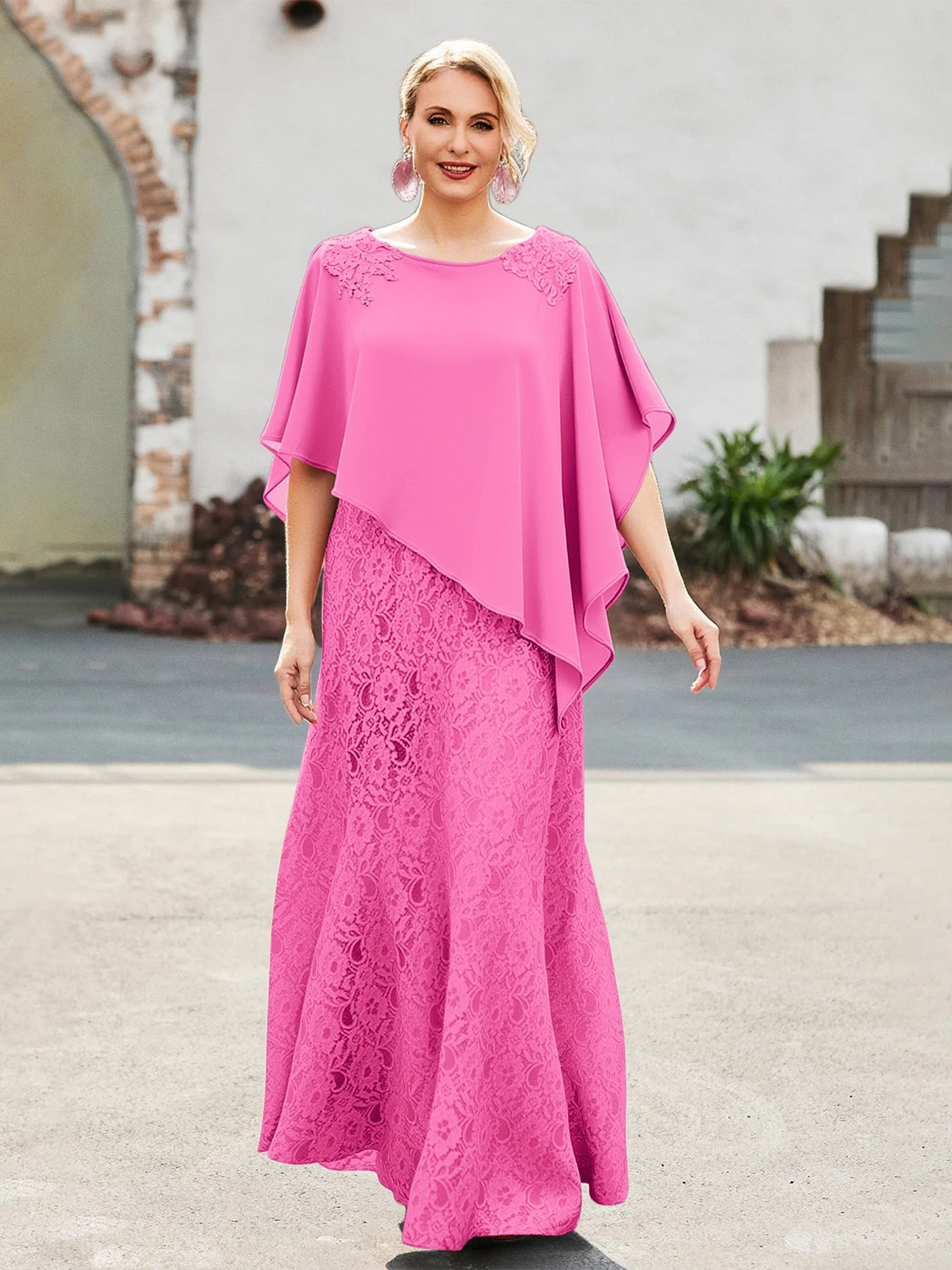 Elegant Scoop Cap Chiffon Spitze A-Linie Lang Kleid Azalee