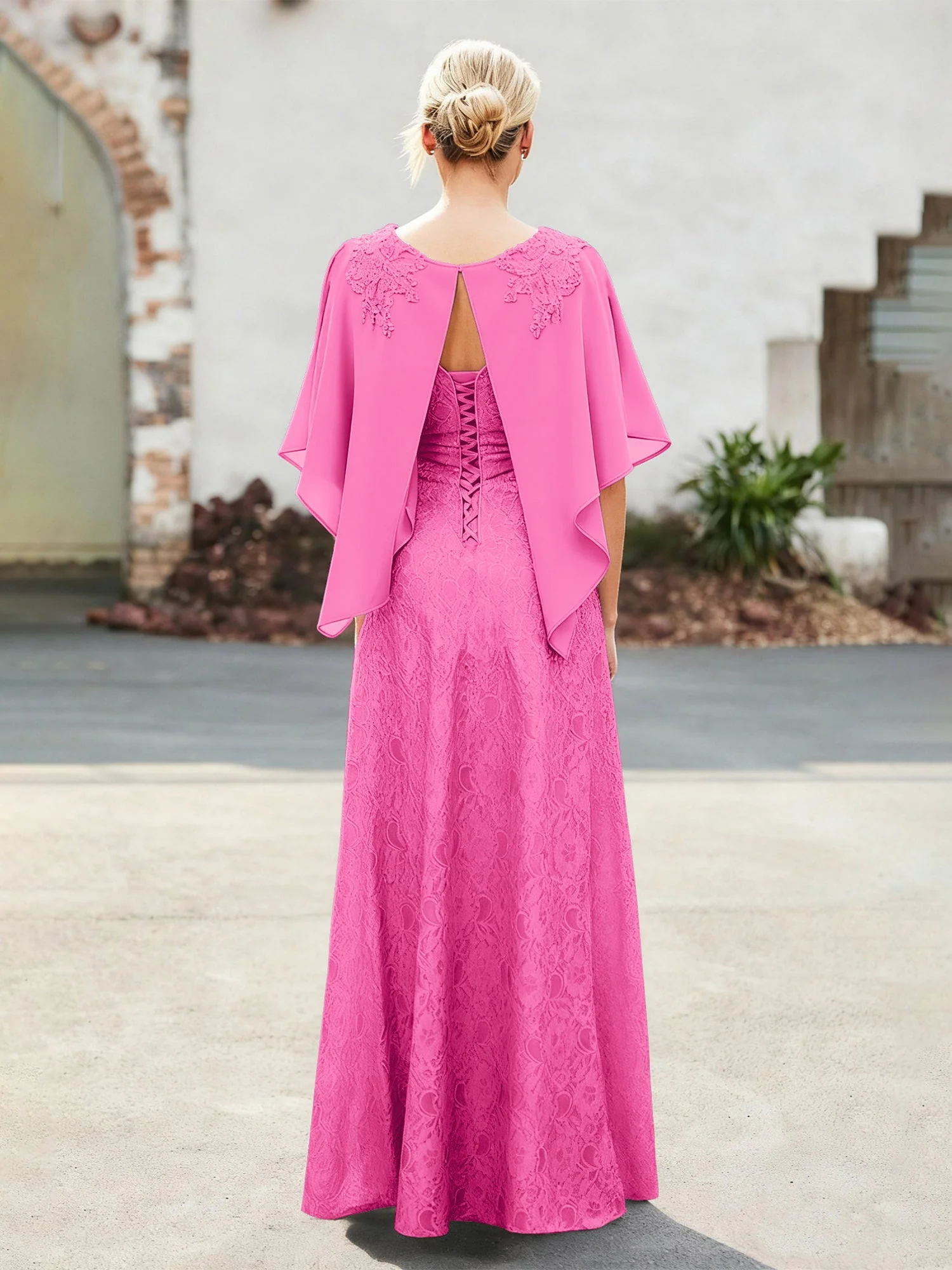 Elegant Scoop Cap Chiffon Spitze A-Linie Lang Kleid Azalee - Image 2