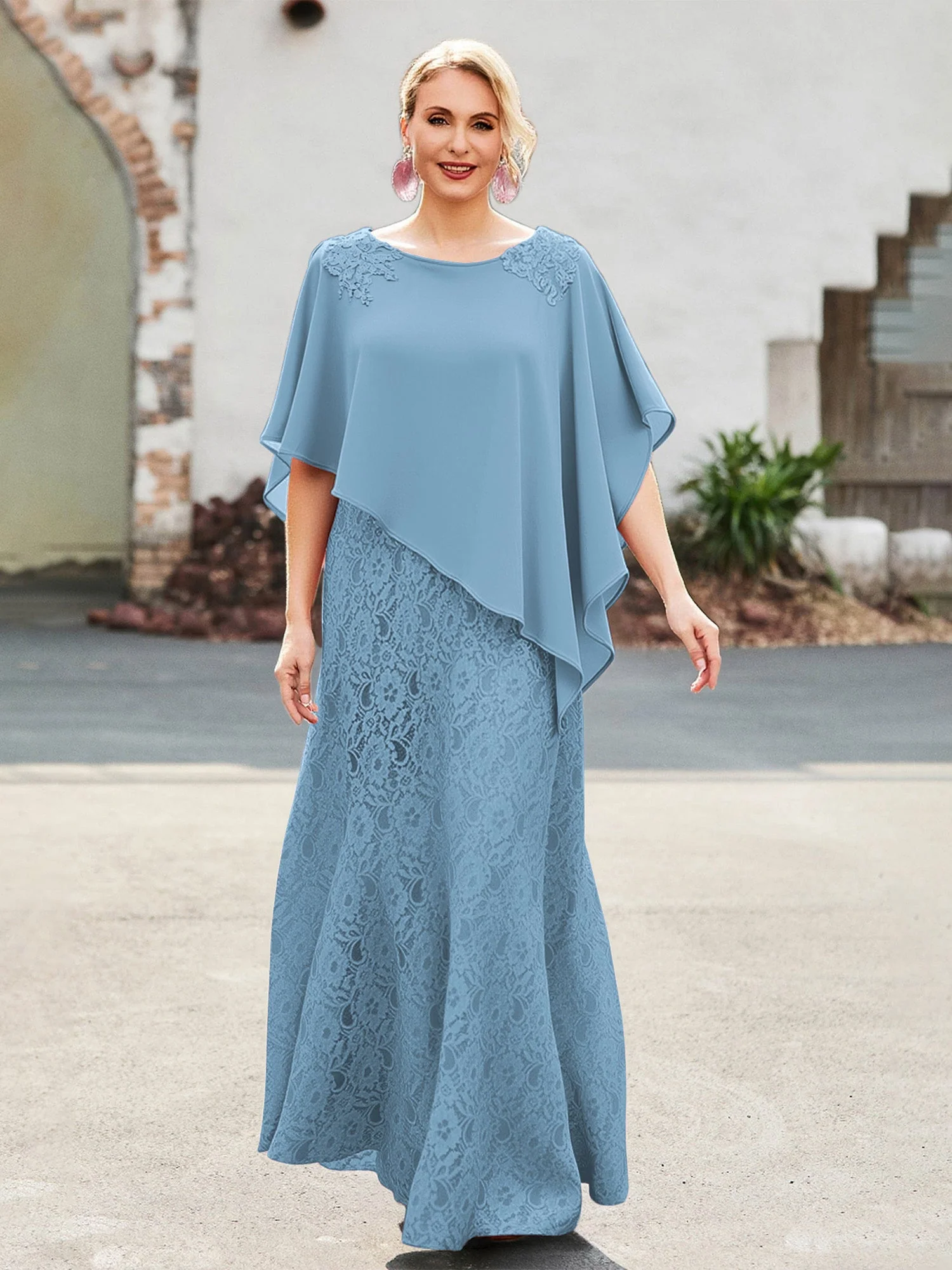 Elegant Scoop Cap Chiffon Spitze A-Linie Lang Kleid Blau