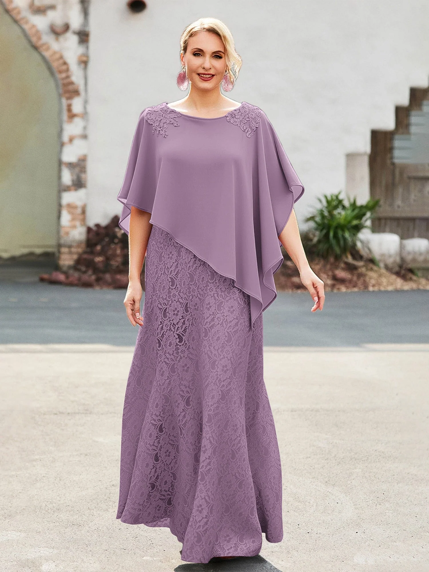 Elegant Scoop Cap Chiffon Spitze A-Linie Lang Kleid Blauregen
