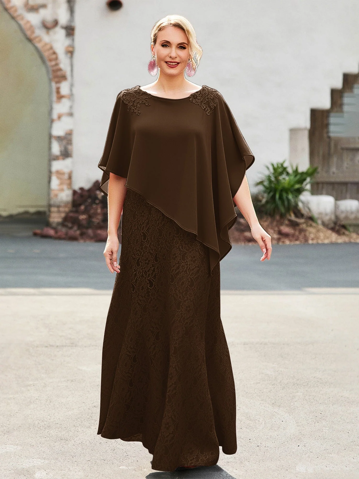 Elegant Scoop Cap Chiffon Spitze A-Linie Lang Kleid Braun