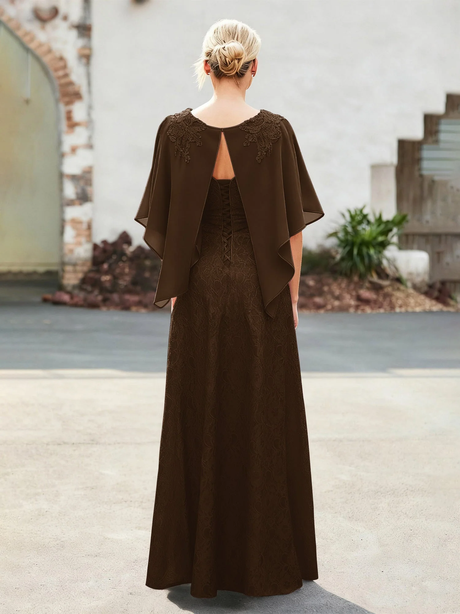 Elegant Scoop Cap Chiffon Spitze A-Linie Lang Kleid Braun - Image 2