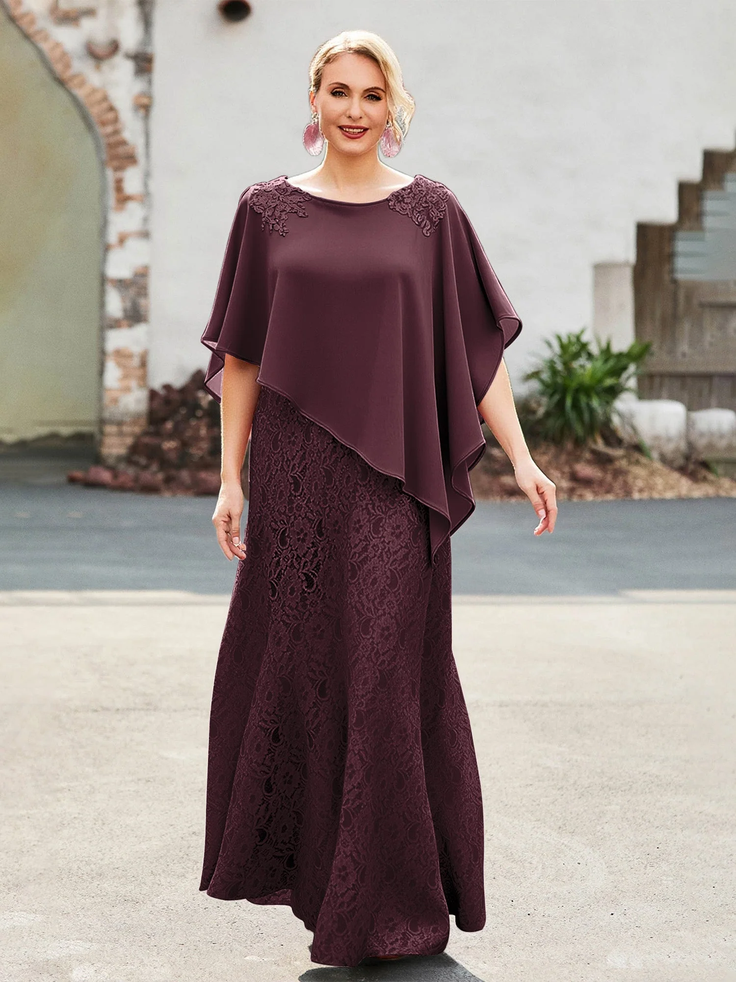 Elegant Scoop Cap Chiffon Spitze A-Linie Lang Kleid Cabernet