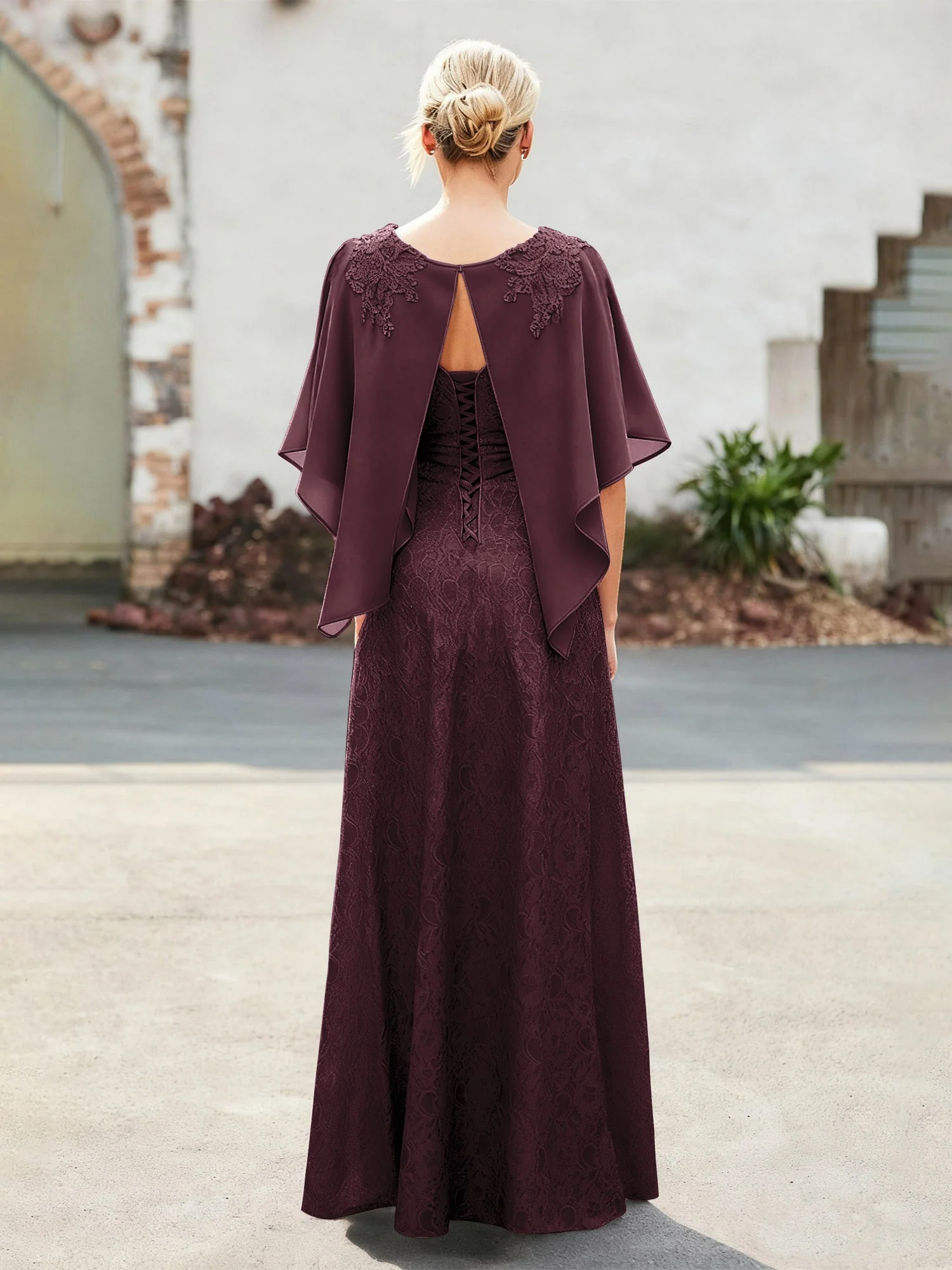 Elegant Scoop Cap Chiffon Spitze A-Linie Lang Kleid Cabernet - Image 2