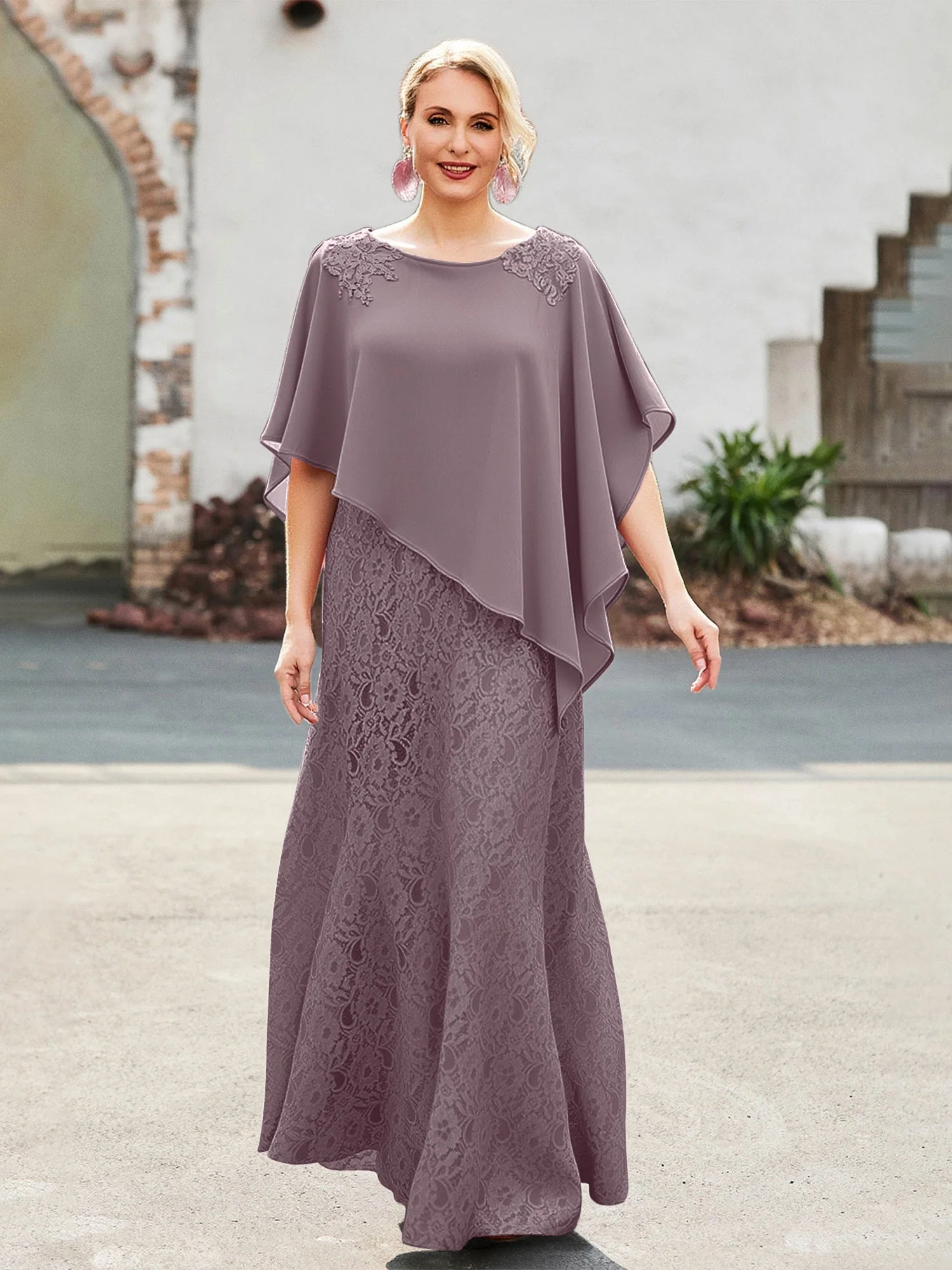 Elegant Scoop Cap Chiffon Spitze A-Linie Lang Kleid Dämmerung