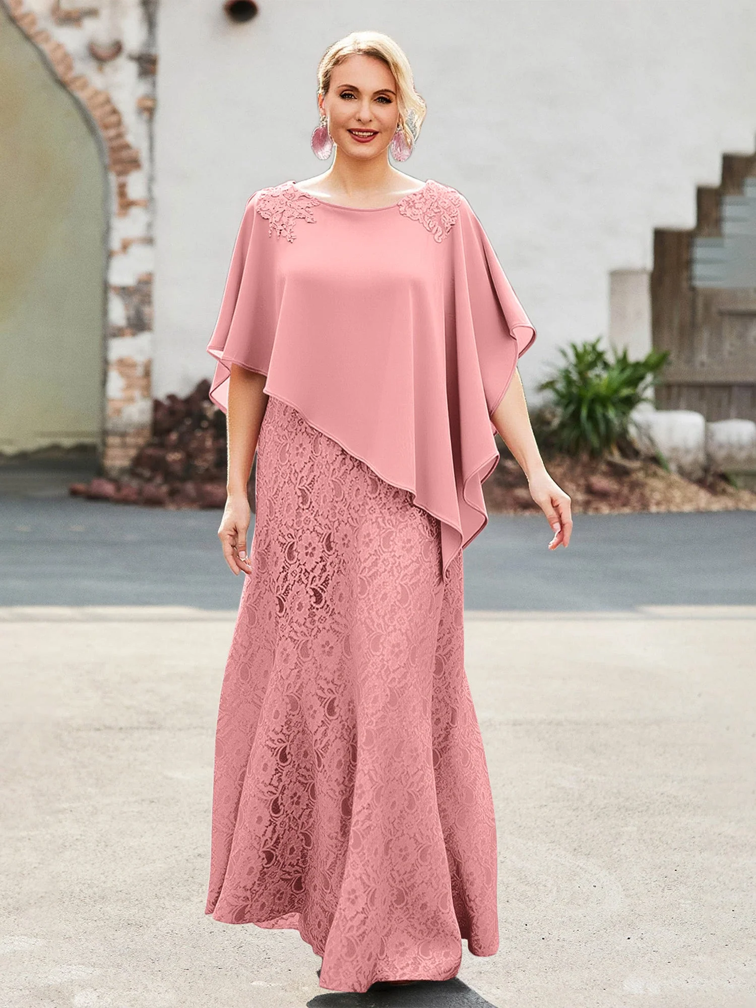 Elegant Scoop Cap Chiffon Spitze A-Linie Lang Kleid Flamingo