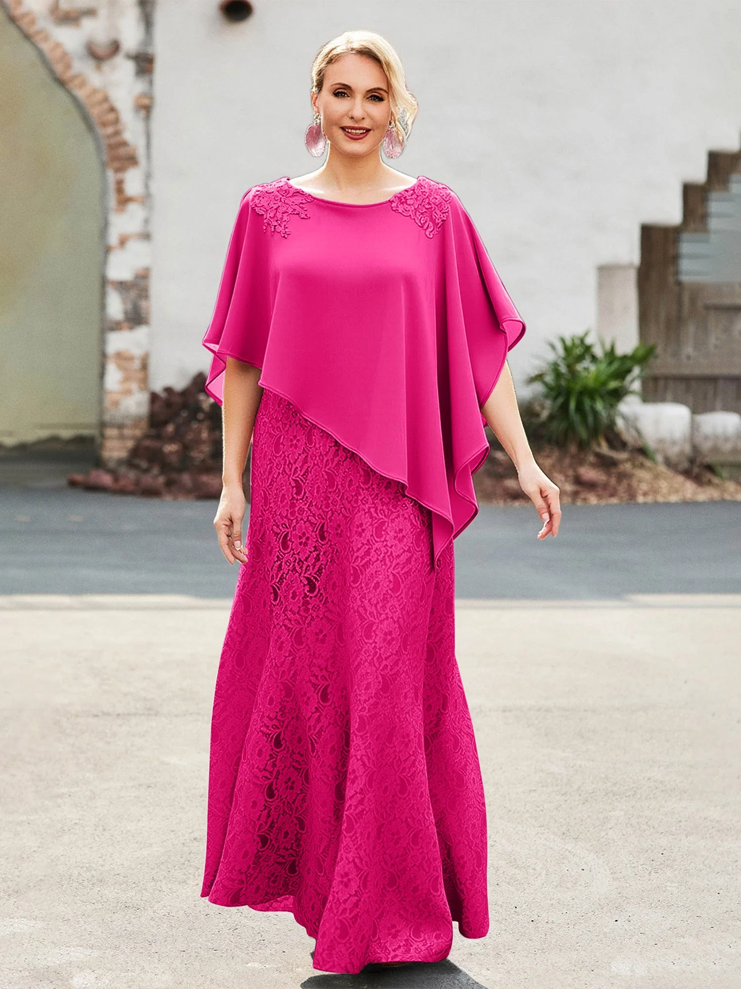 Elegant Scoop Cap Chiffon Spitze A-Linie Lang Kleid Fuchsia