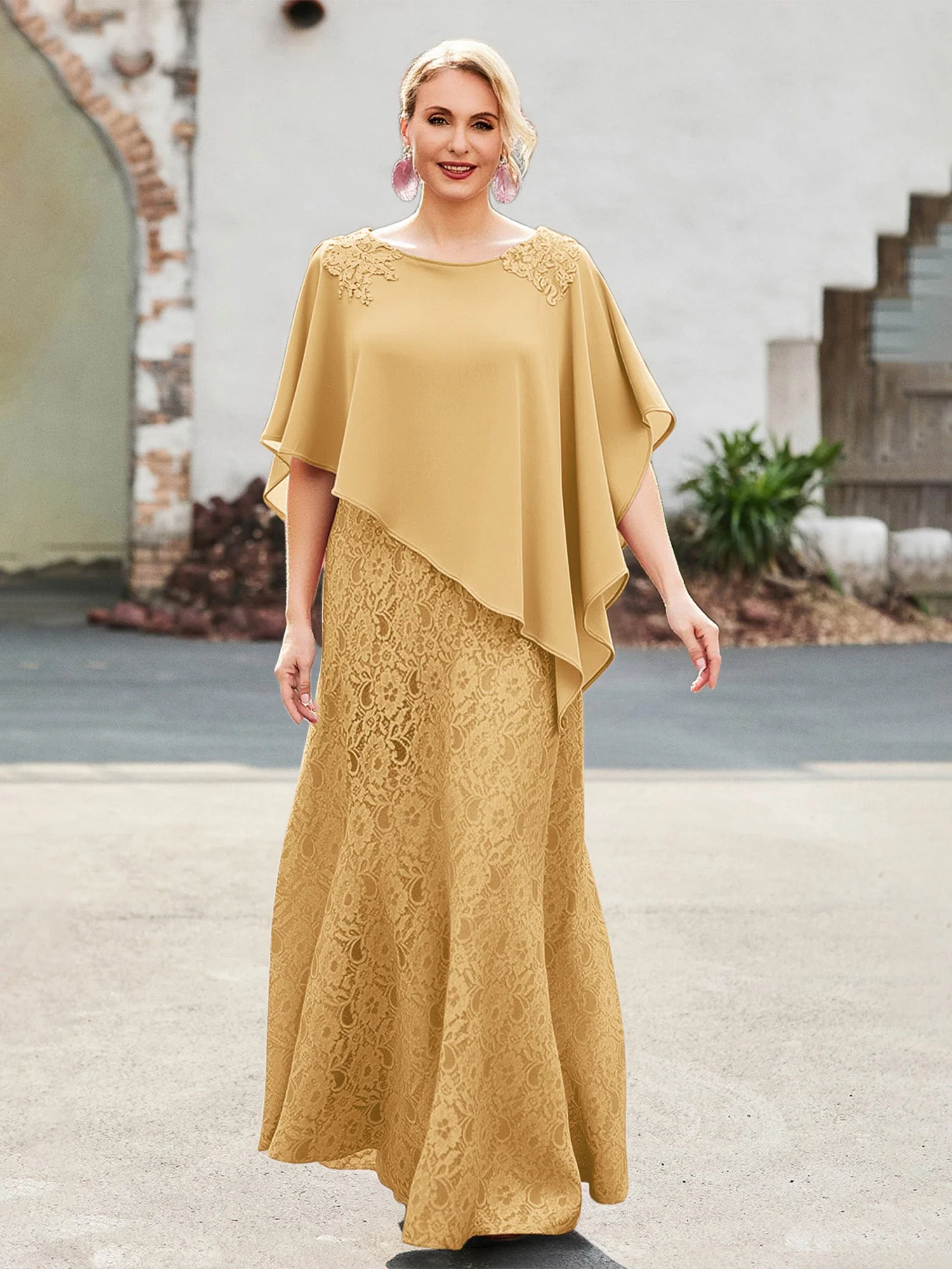 Elegant Scoop Cap Chiffon Spitze A-Linie Lang Kleid Gold