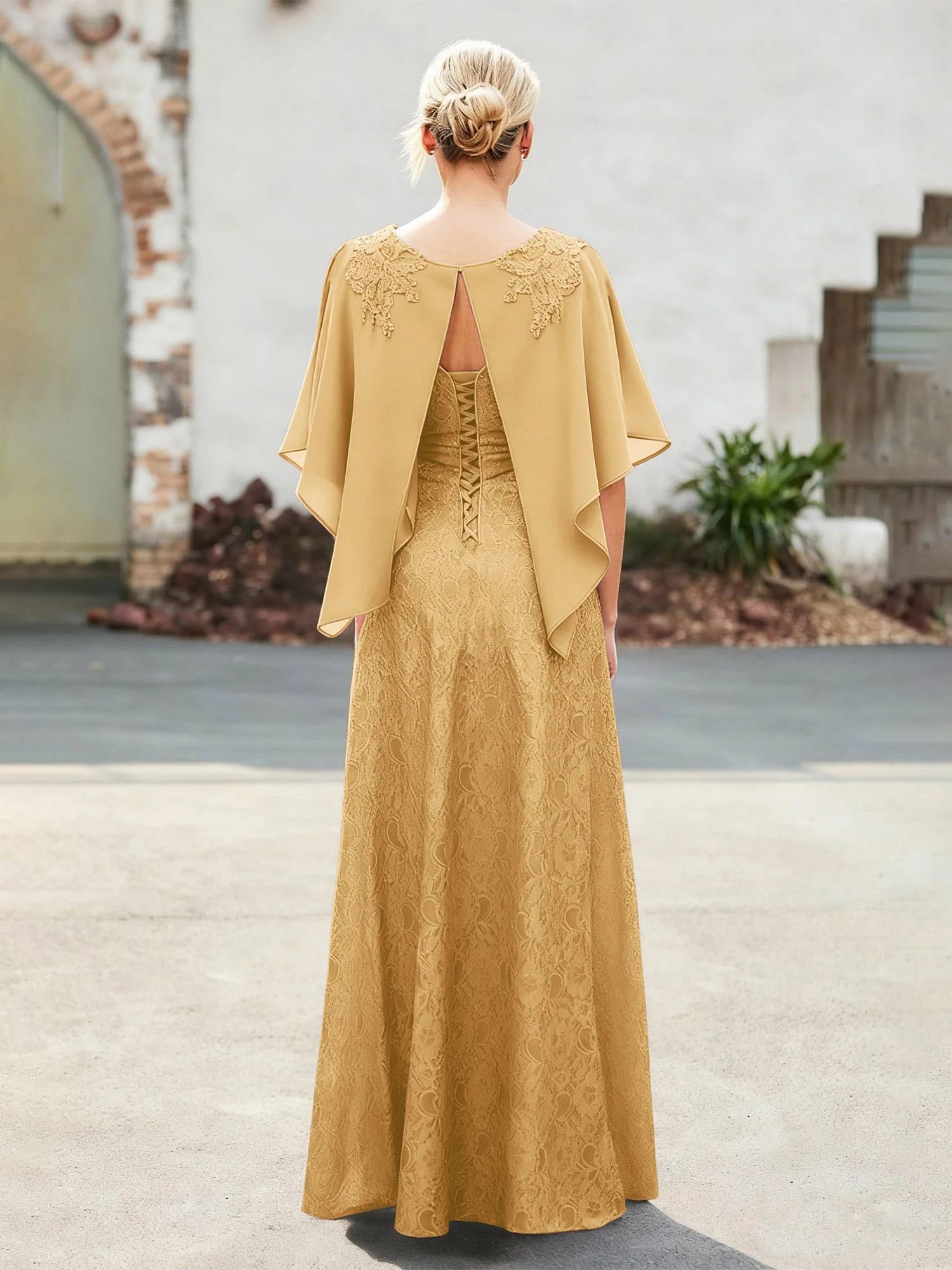 Elegant Scoop Cap Chiffon Spitze A-Linie Lang Kleid Gold - Image 2