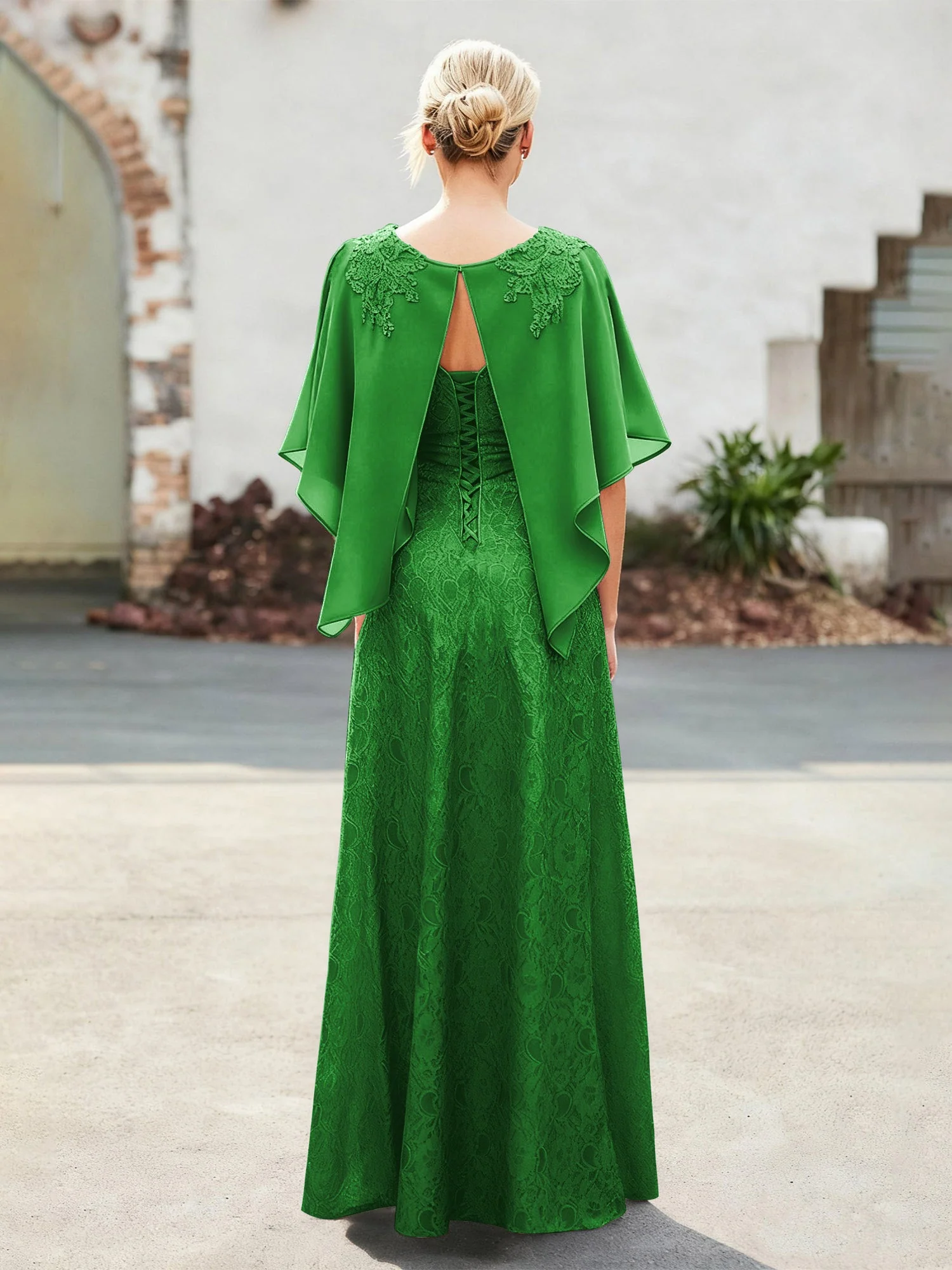 Elegant Scoop Cap Chiffon Spitze A-Linie Lang Kleid Grün - Image 2