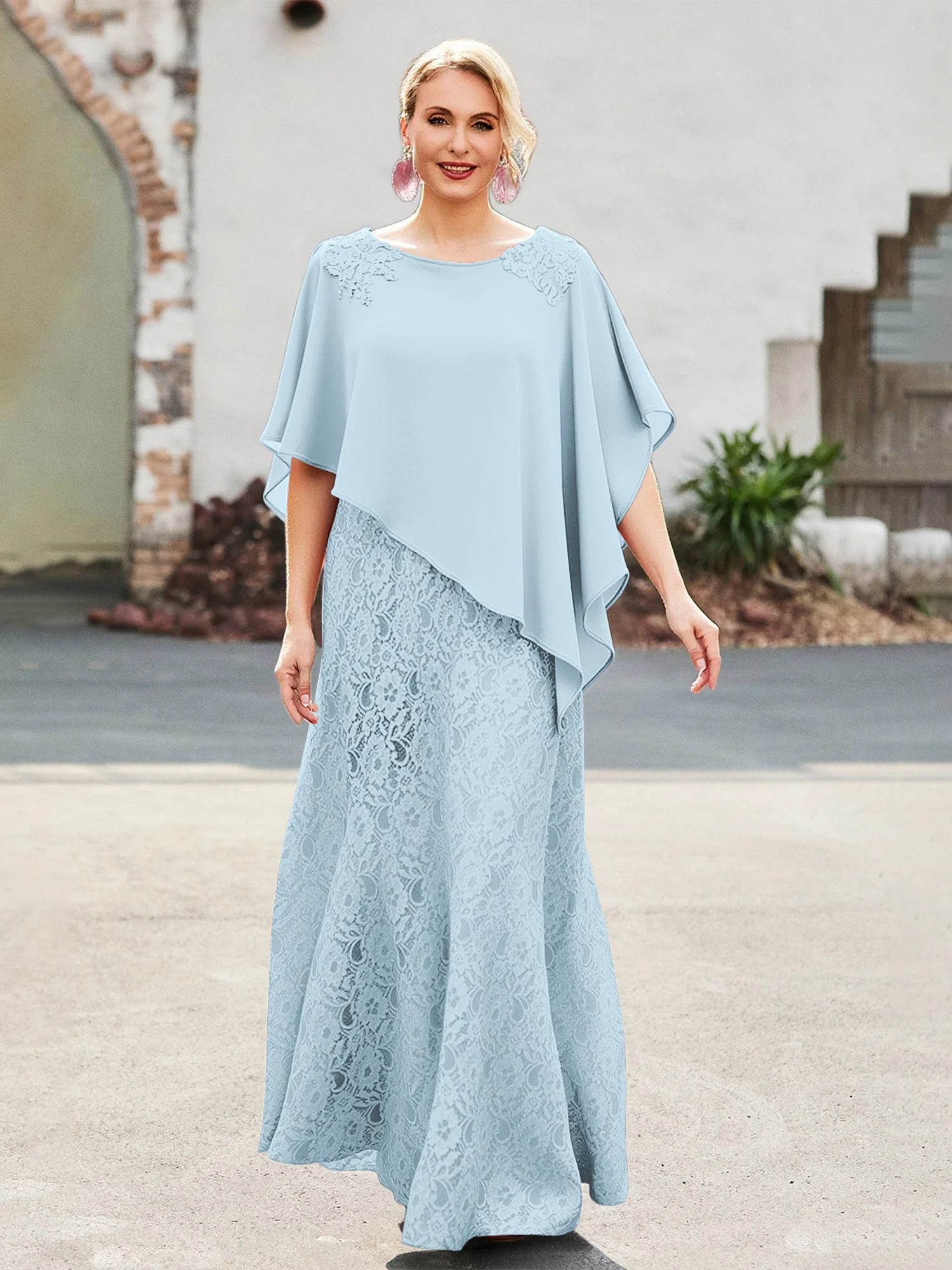 Elegant Scoop Cap Chiffon Spitze A-Linie Lang Kleid Himmelblau