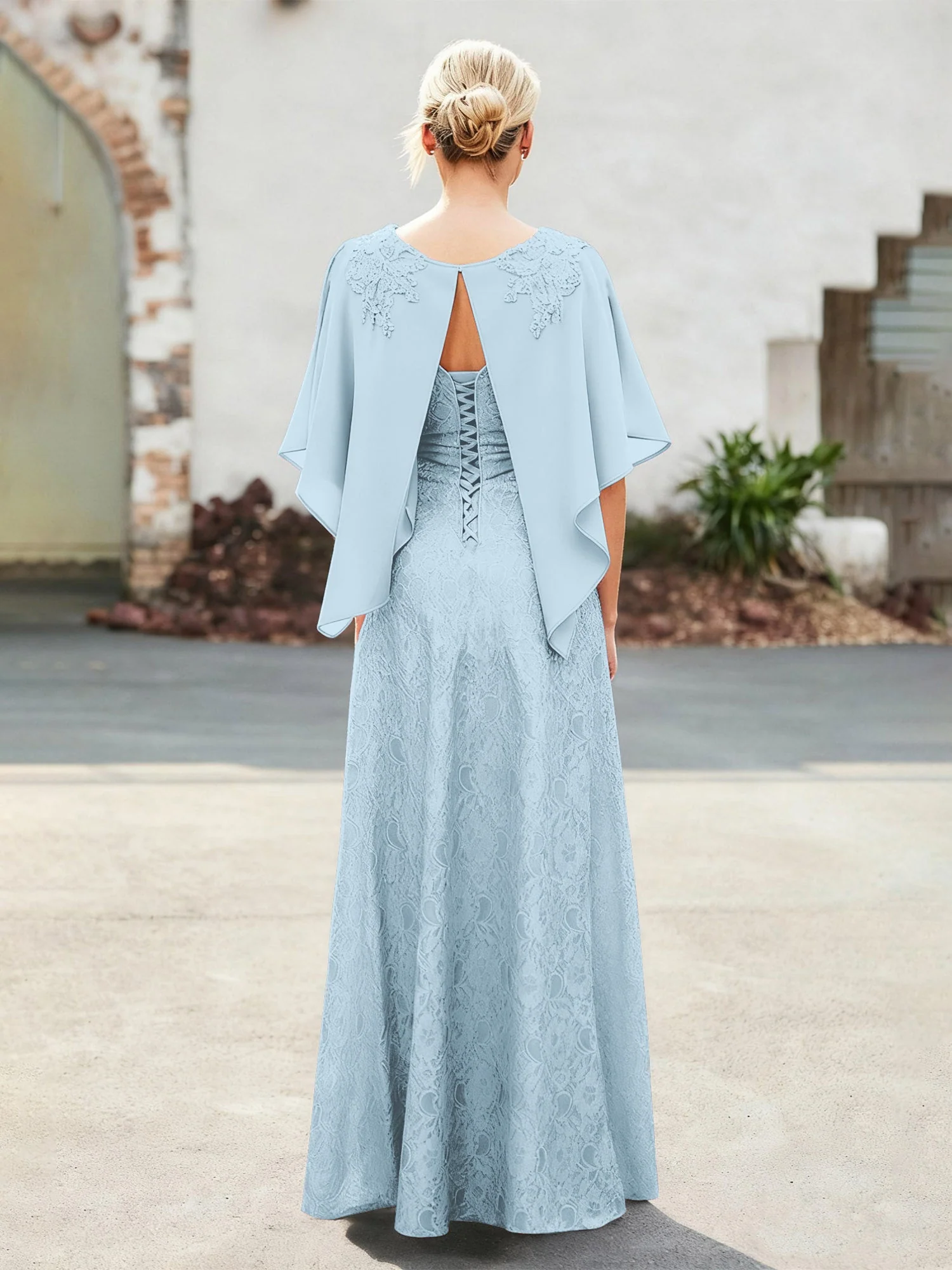 Elegant Scoop Cap Chiffon Spitze A-Linie Lang Kleid Himmelblau - Image 2