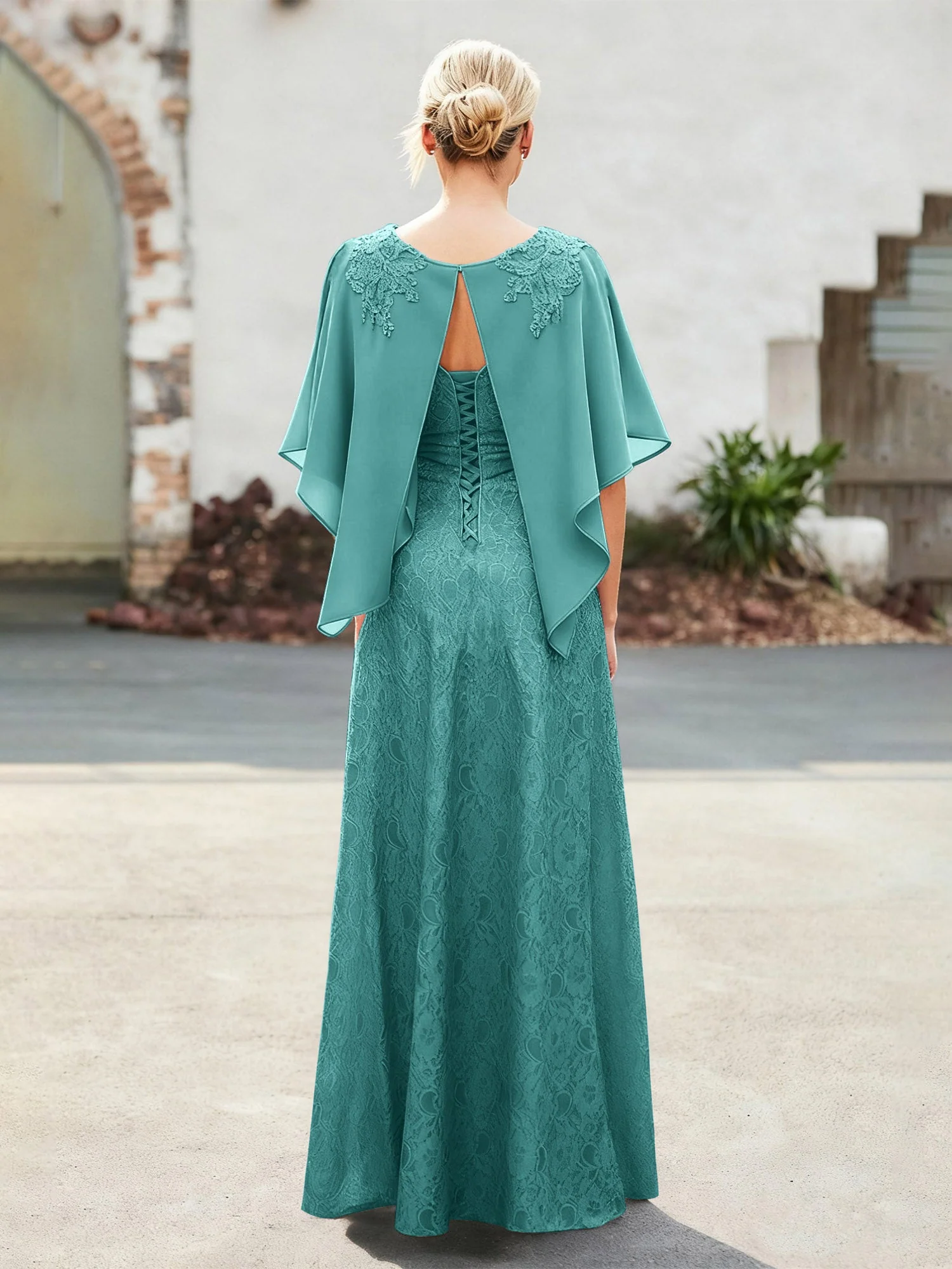 Elegant Scoop Cap Chiffon Spitze A-Linie Lang Kleid Jade - Image 2