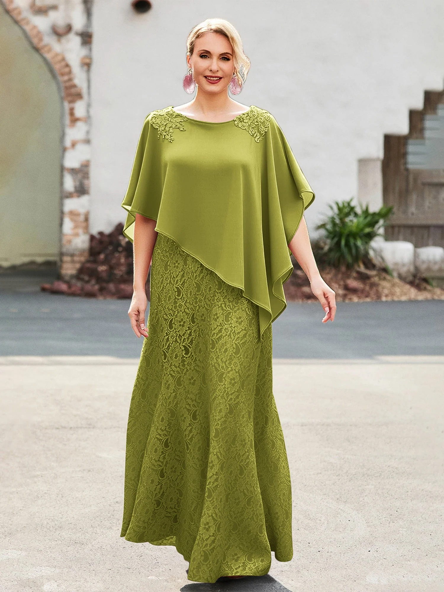 Elegant Scoop Cap Chiffon Spitze A-Linie Lang Kleid Kleegrün