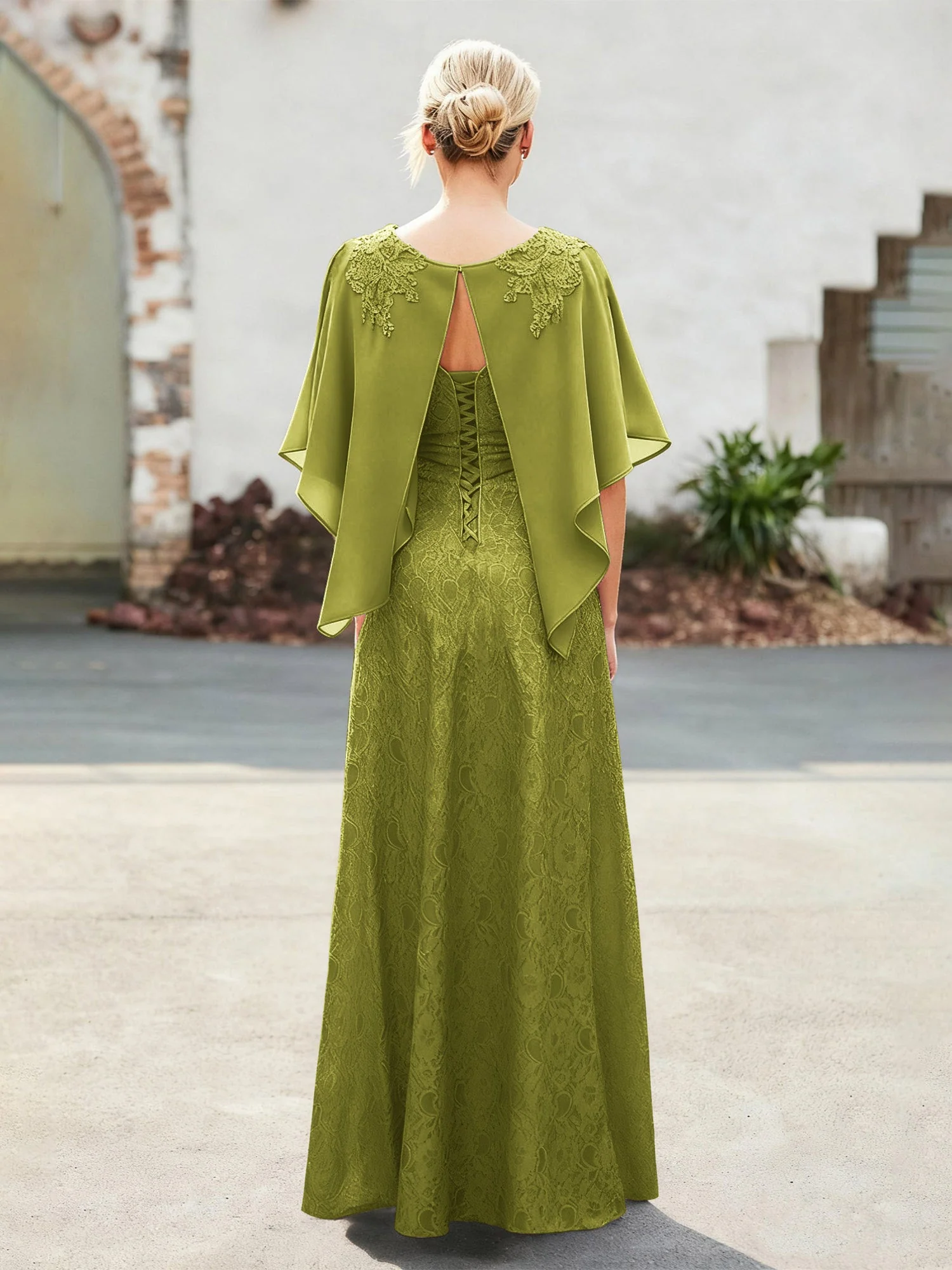 Elegant Scoop Cap Chiffon Spitze A-Linie Lang Kleid Kleegrün - Image 2
