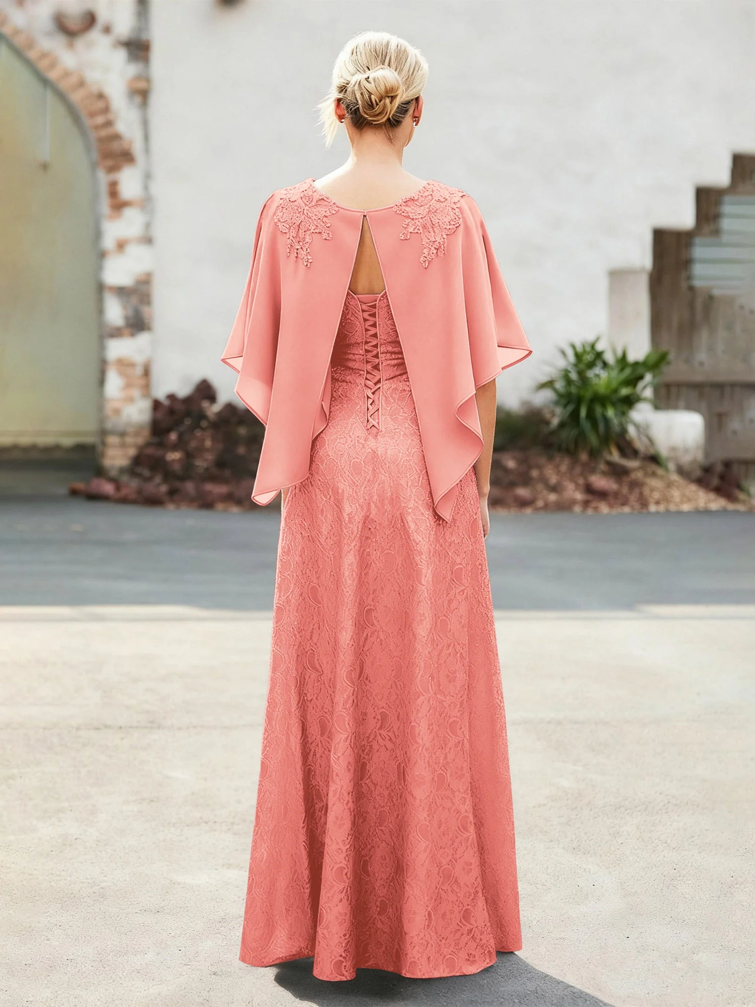 Elegant Scoop Cap Chiffon Spitze A-Linie Lang Kleid Koralle - Image 2