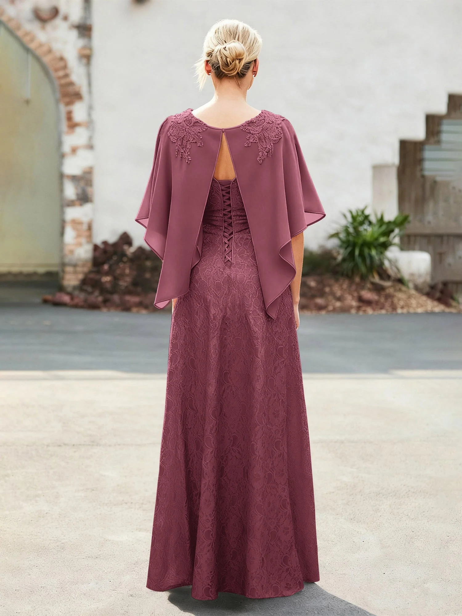 Elegant Scoop Cap Chiffon Spitze A-Linie Lang Kleid Maulbeere - Image 2