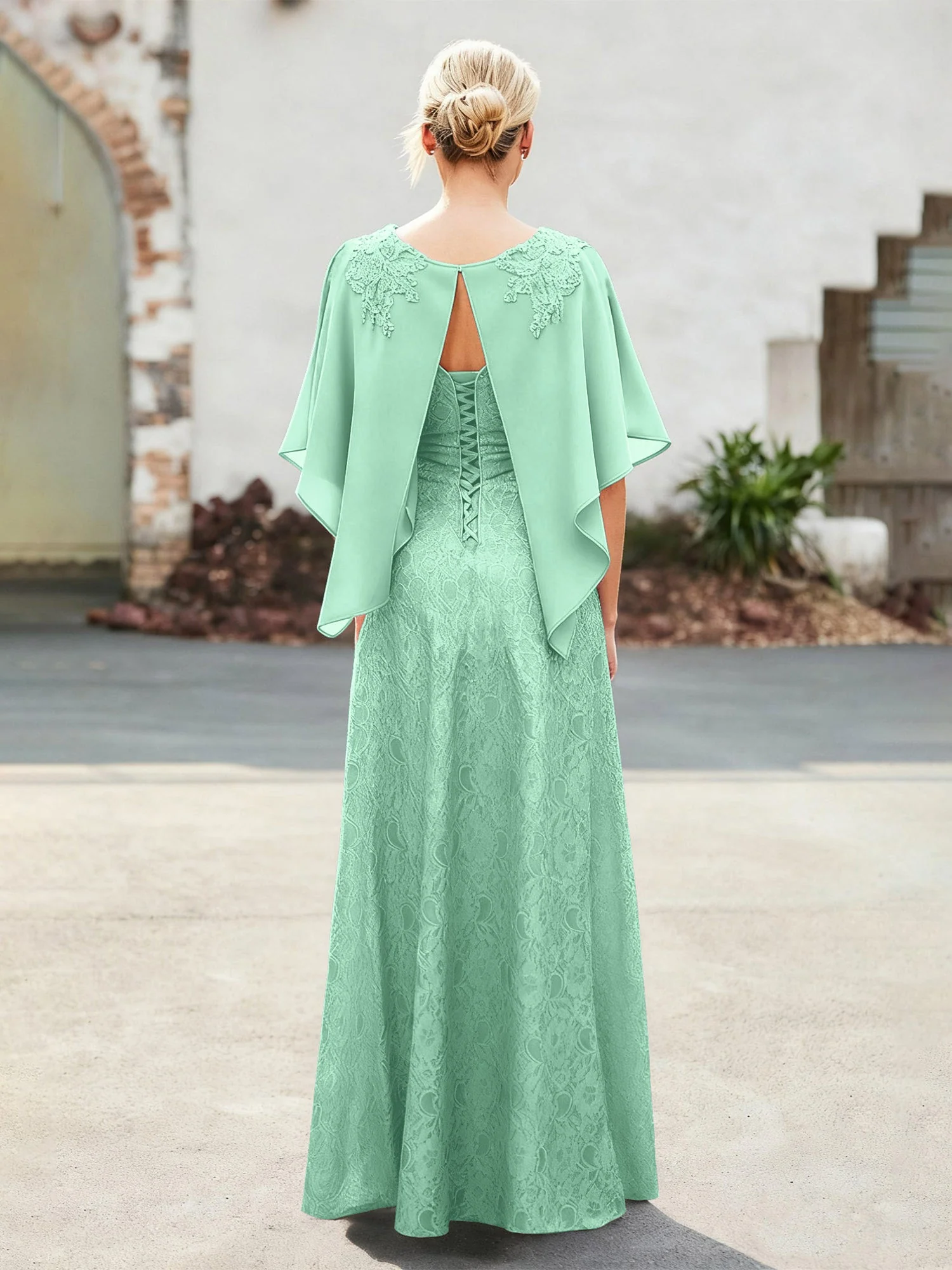 Elegant Scoop Cap Chiffon Spitze A-Linie Lang Kleid Minzgrün - Image 2