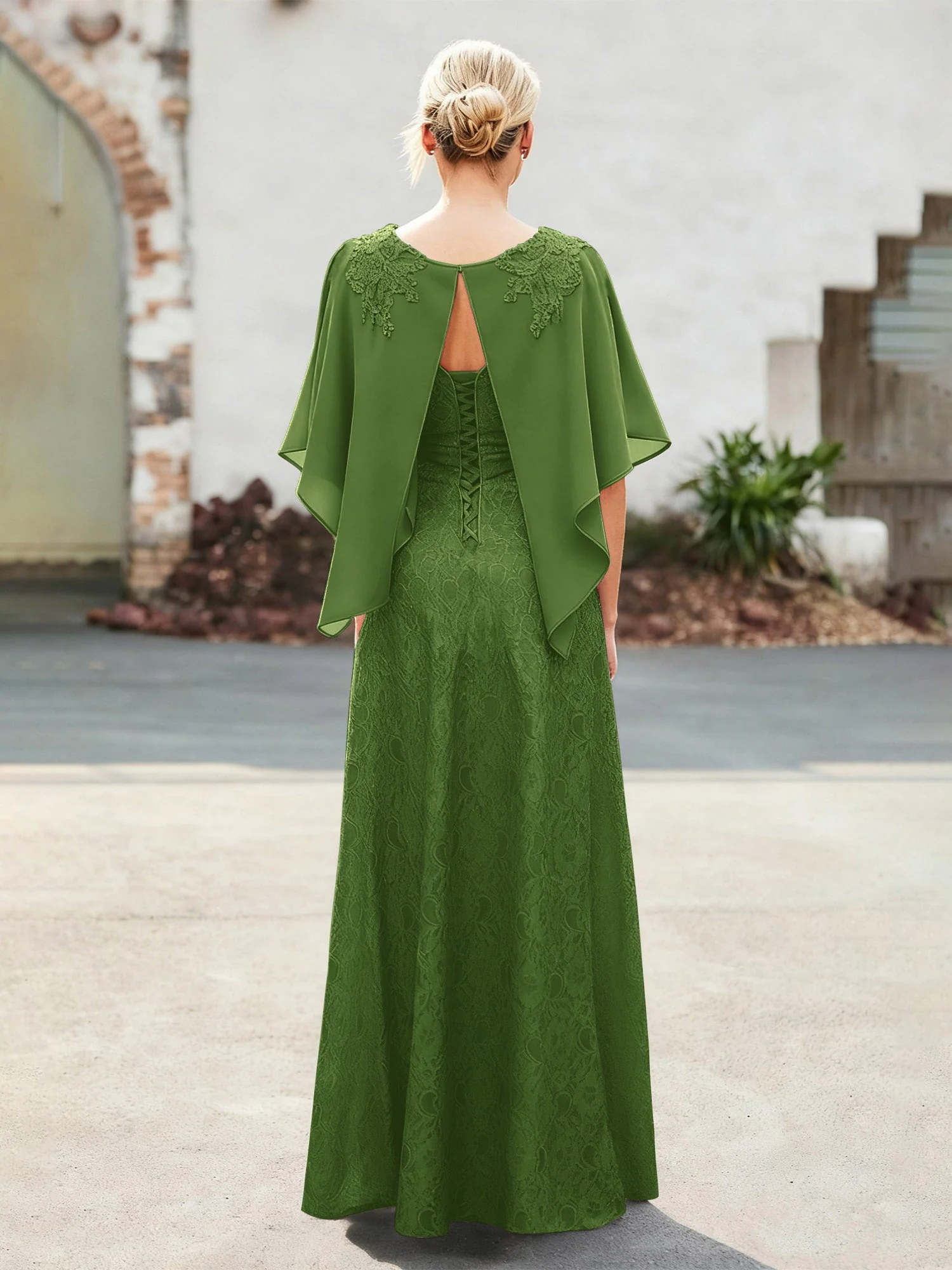 Elegant Scoop Cap Chiffon Spitze A-Linie Lang Kleid Moos - Image 2