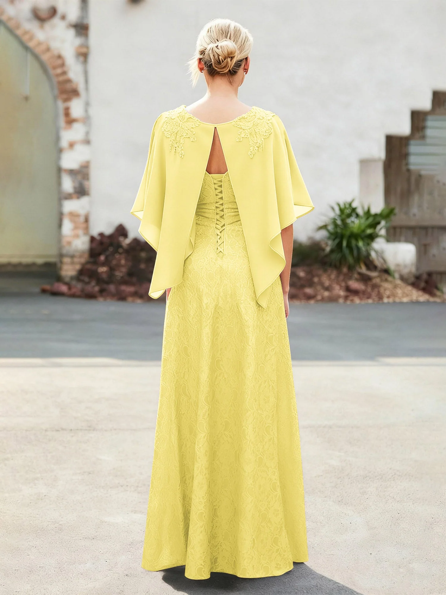 Elegant Scoop Cap Chiffon Spitze A-Linie Lang Kleid Narzisse - Image 2